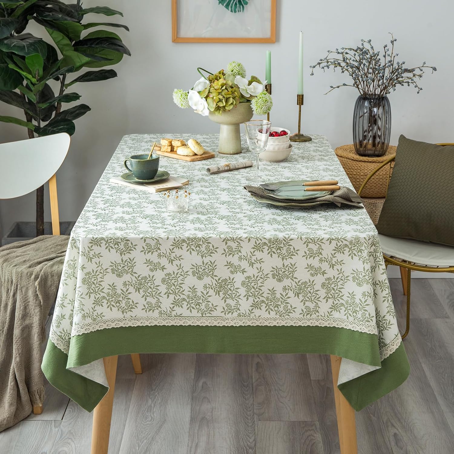 Rustic Tablecloth Solid Cotton Fabric Bordered Retro Tablecloths Classic Plant Leaf Printed Linen Fabric Table Cover Farmhouse Decoration 55x120 Inches Rectangle/Oblong Green for Kitchen