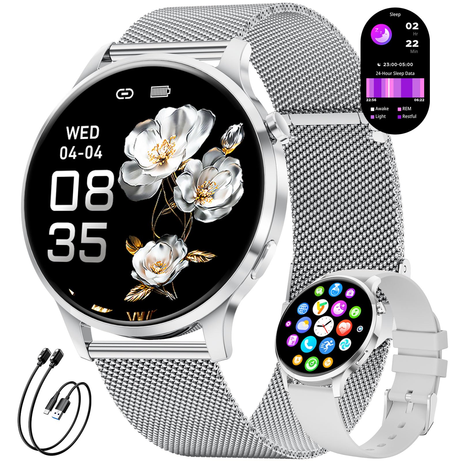 Smartwatch Damen Rund mit Telefonfunktion, 1,32'' AMOLED Fitnessuhr mit 100+ Sportmodi, Herzfrequenz/Schlafmonitor, Uhr Damen mit Whatsapp und Alexa, Elegante Armbanduhr für Samsung/iOS/Android,FV23-E