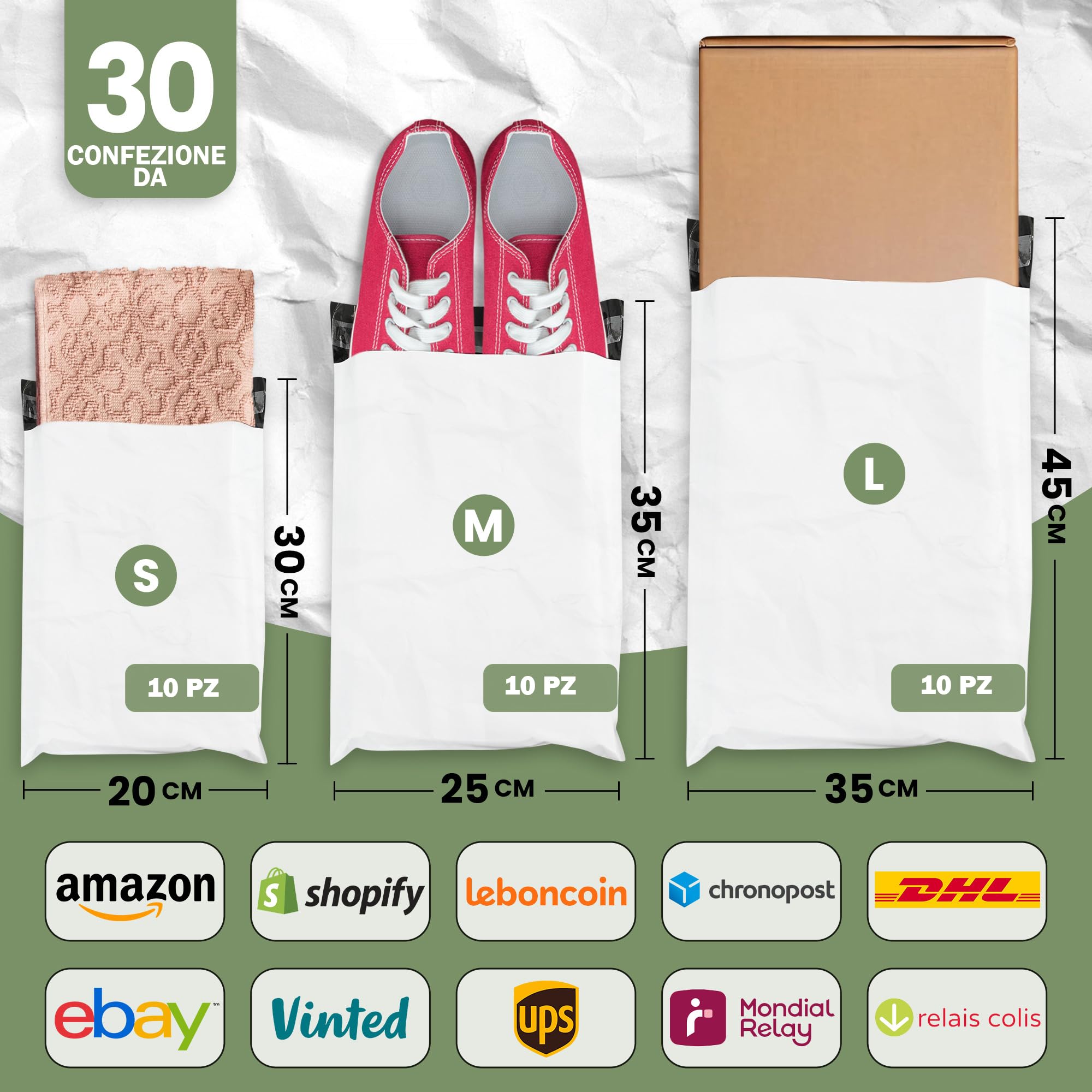 UGIX Buste per Spedizioni Vinted - Sacchetti Spedizione Opaqui Auto-adesivi, Pacchi per Spedizioni Vinted Vestiti, Scarpe,Libri-Resistenti all'Acqua e Strappi- 30Pcs-3 Misure Bianco