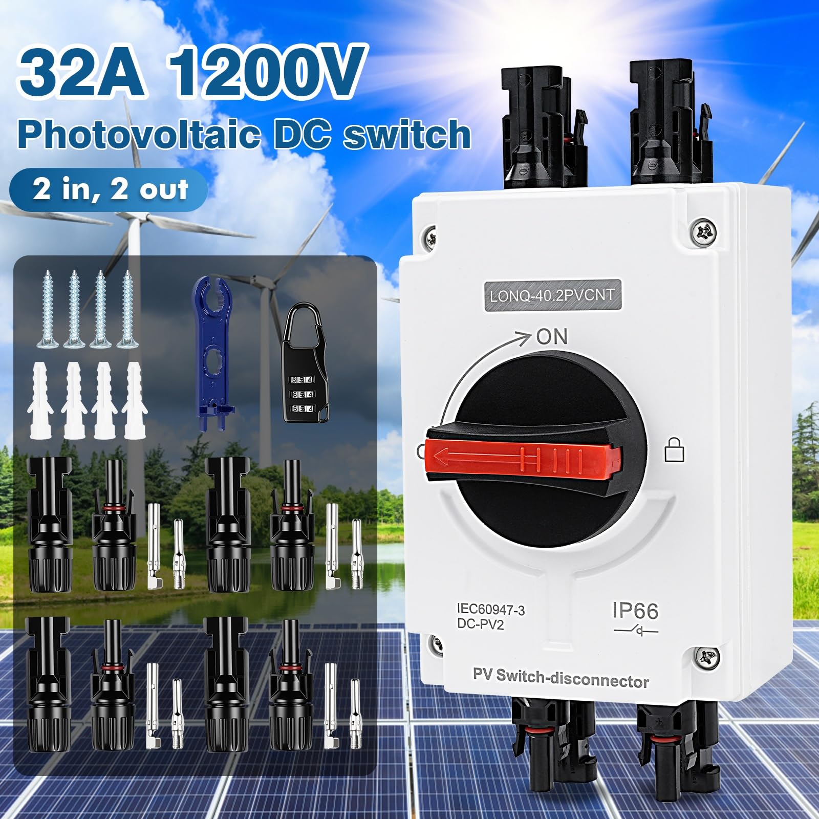 DEWIN Interruttore Isolatore CC 12～1200V 32A Sezionatore DC Fotovoltaico Interruttore di Isolamento Fotovoltaico (2 dentro 2 fuori)