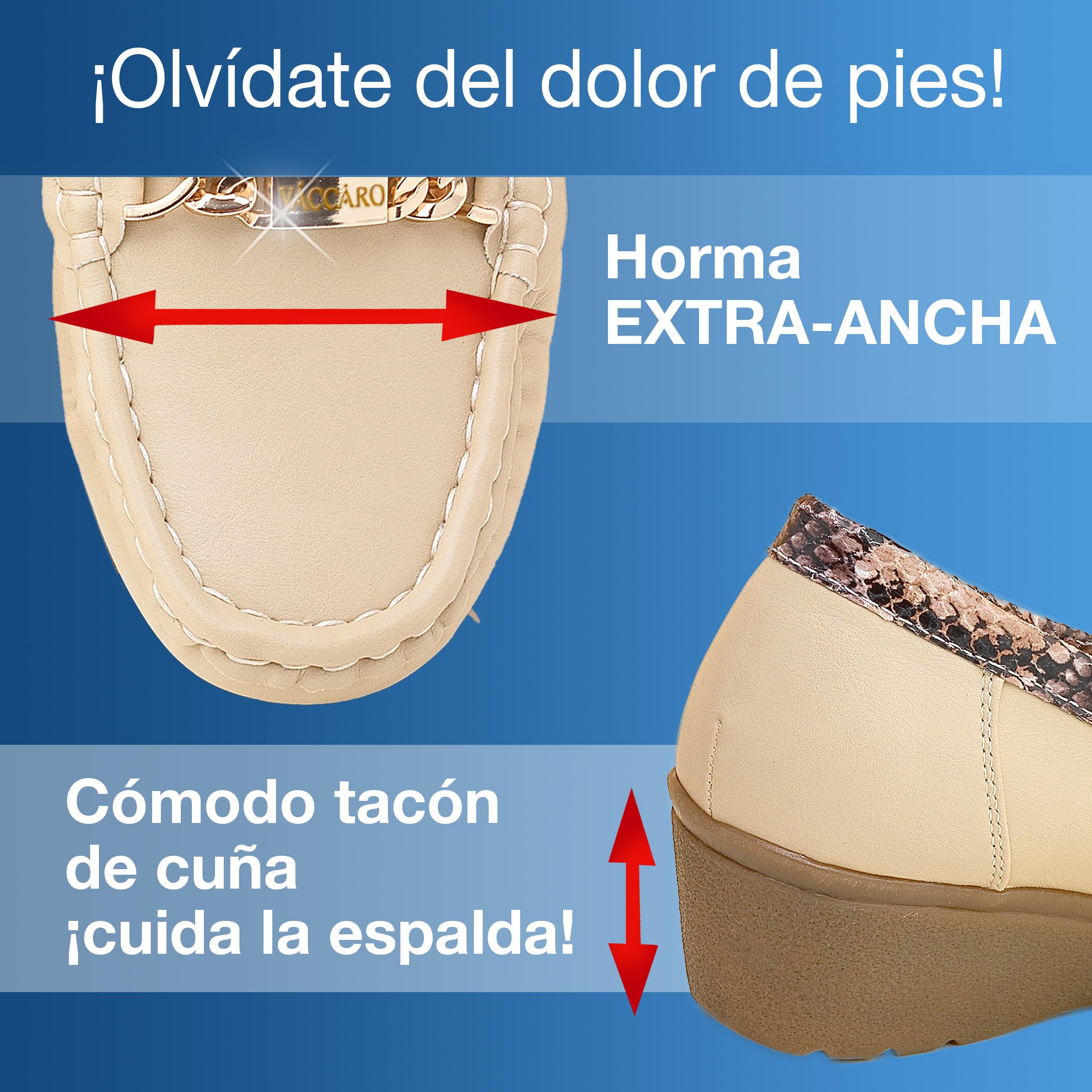 Zapatos señora Lady Chic Confort Fáciles de Poner: Ajustables. Horma Ancha: Flexibles. Plantilla Piel Acolchada. Cómodo Tacón de Cuña de 3,5 cm. Elegantes, Versátiles: 24 Horas de Comodidad
