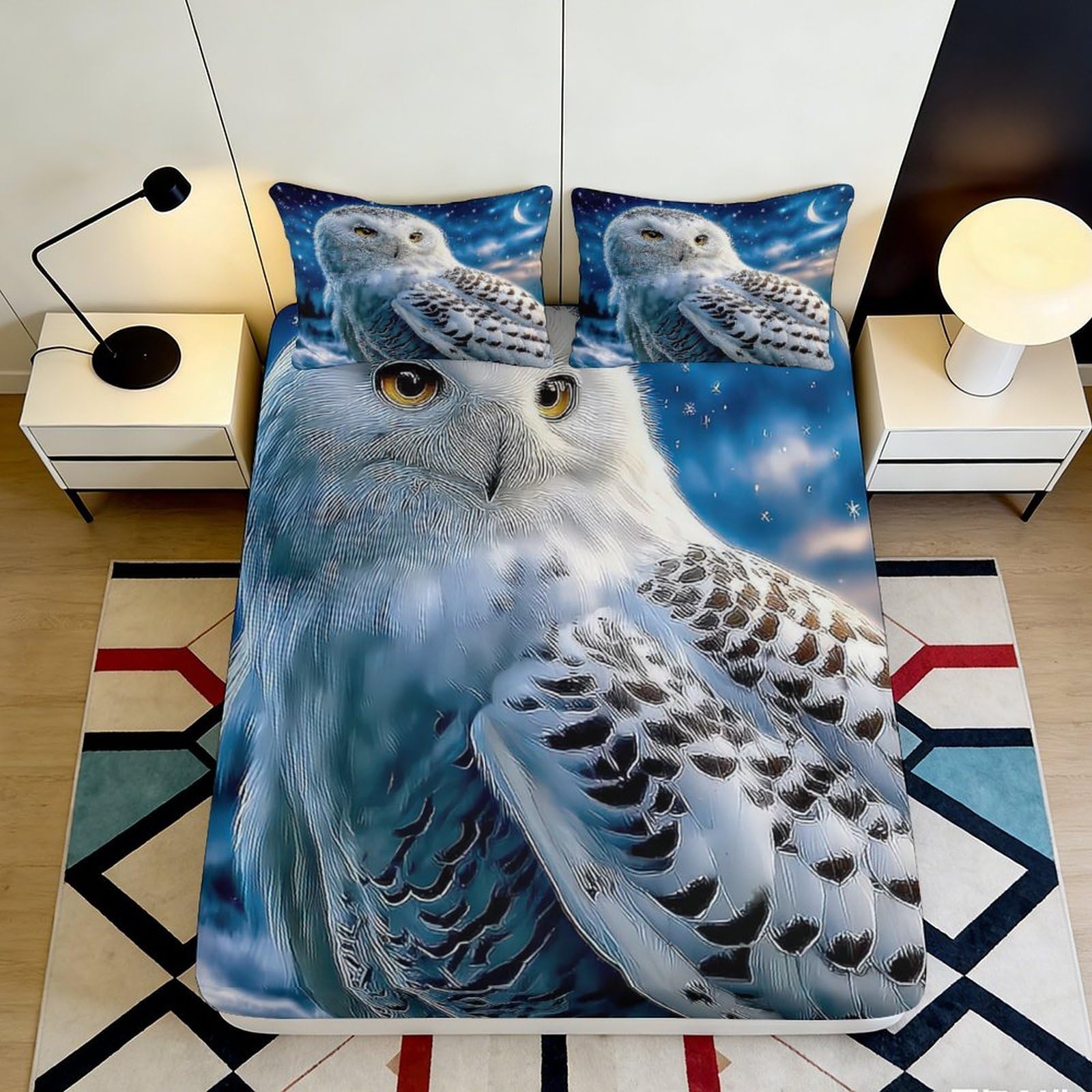 3D Printed Snowy Owl Fitted Sheet Microfiber Soft Blue Night Sky Bed Cover for Bedroom Guest Room Decor 90x200x25cm