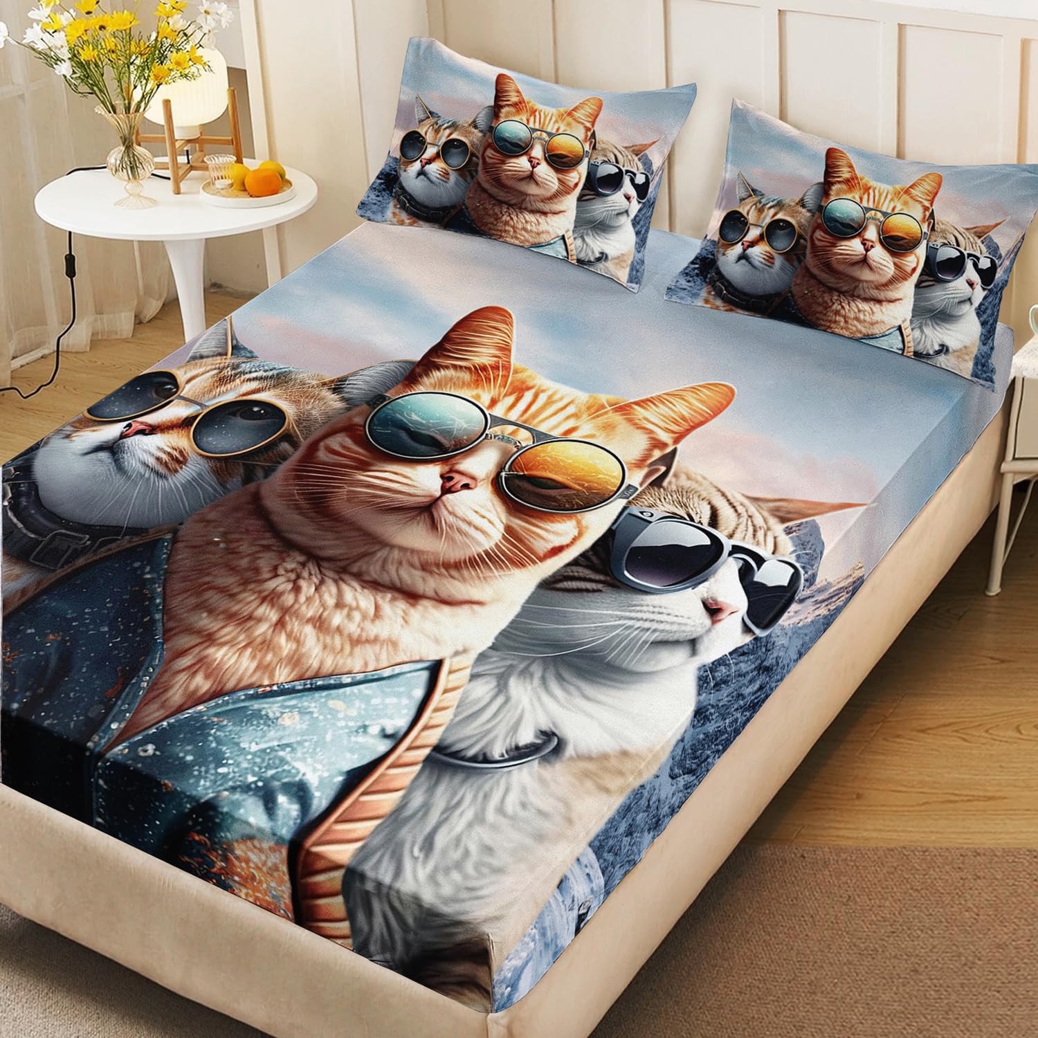 AILONEN 3D Cat Fitted Sheet Set, Queen Size, Funny Kitten Bedding Set for Kids Boys Girls,Cat Lovers Animal Bed Sheet Set,3 Pieces, 1 Fitted Sheet and 2 Pillowcases