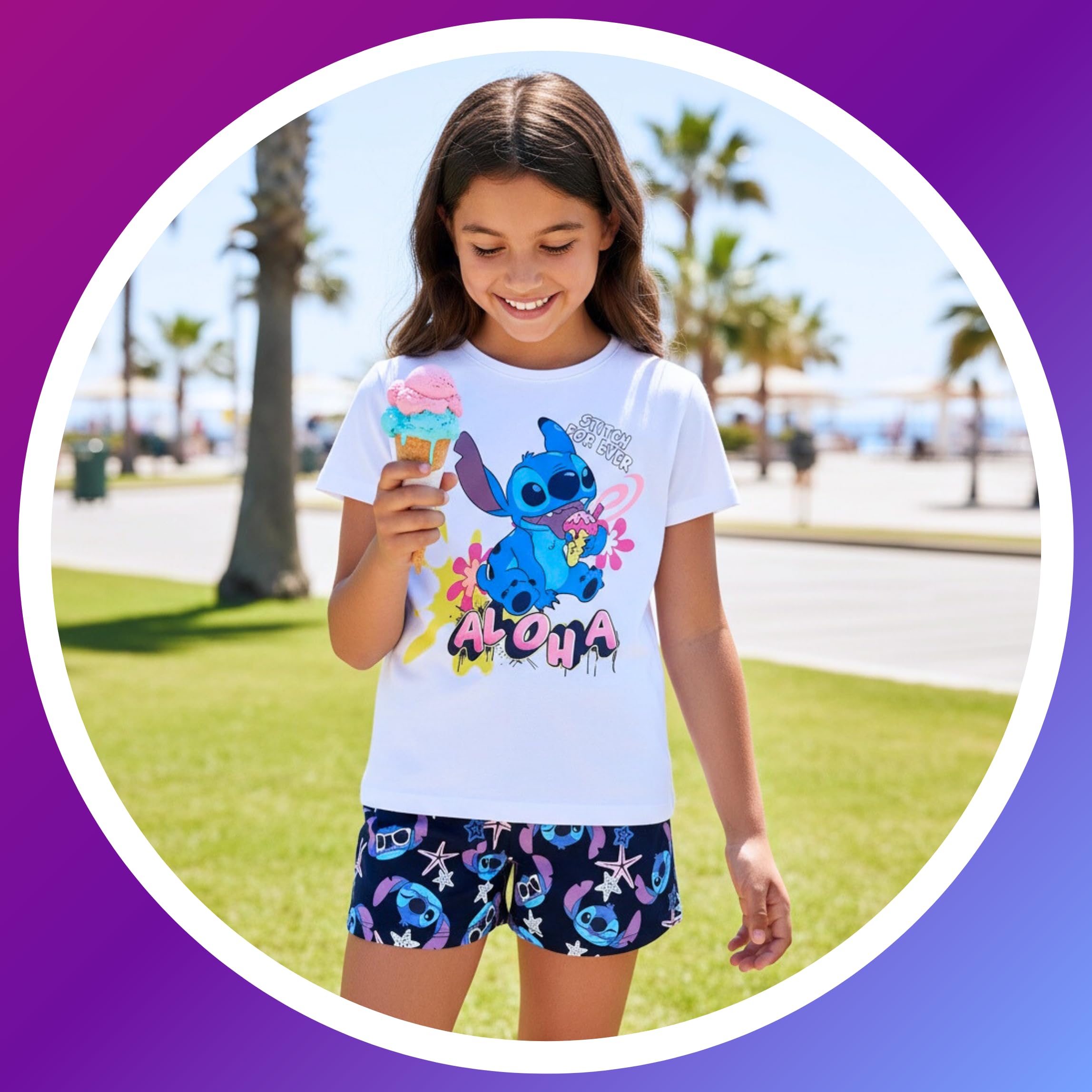 Disney Stitch Pyjama pour Fille, Ensemble 2 Pièces 'Aloha' Conception T-Shirt et Short, Taille 10 Ans | Blanc