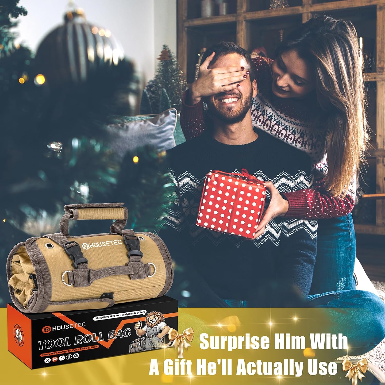 Roll Up Tool Bag-Gifts For Men Dad Husbands Him, Father's Day Birthday Gifts For Men, Heavy Duty Tool Organizer Bag With 2 Detachable Pouches &Wrench Roll Mechanic Carpenter (Khaki)