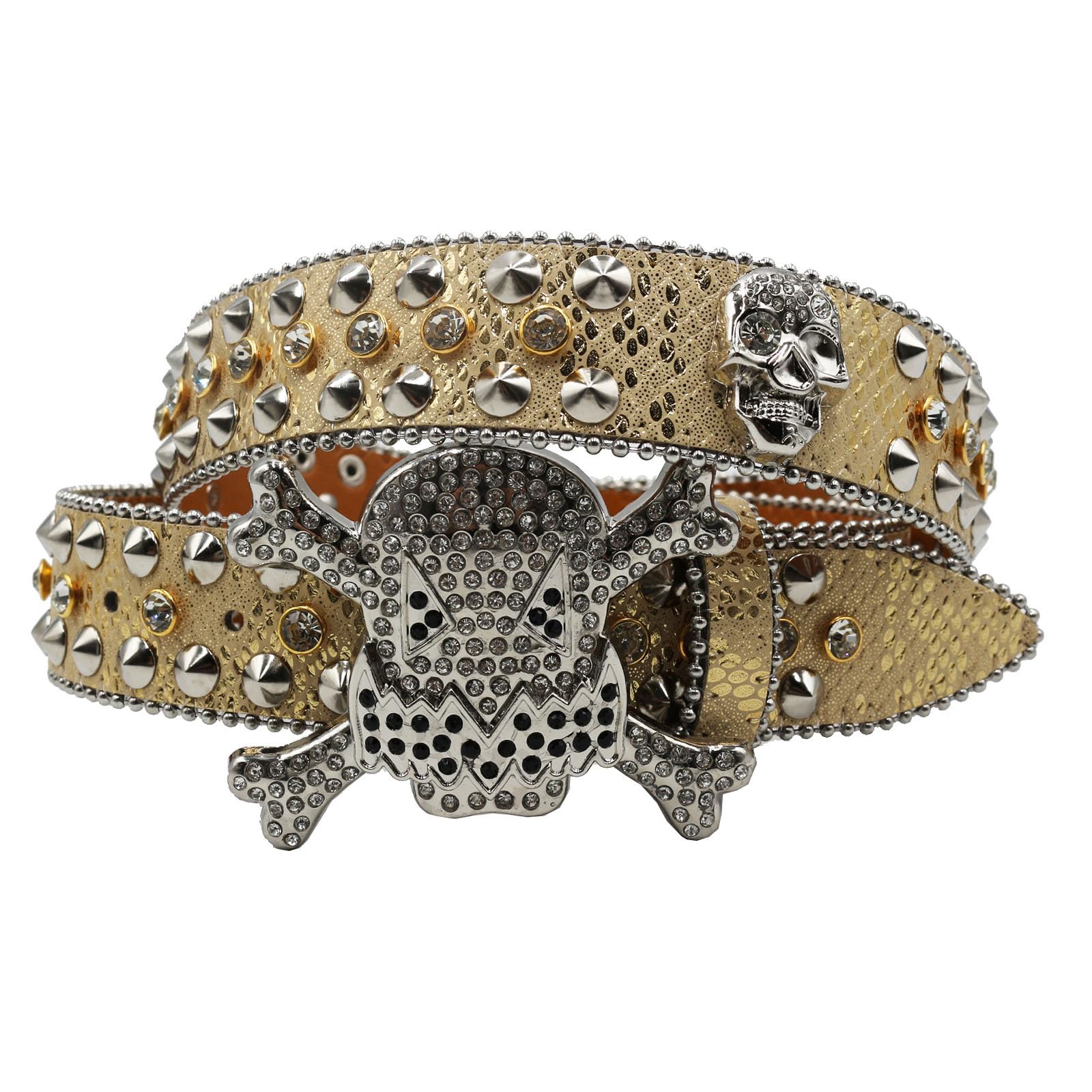 Cinturón con Calavera Cruzada Y Diamantes De Imitación para Mujer Moda De Vanguardia Cinturones De Cuero con Tachuelas Accesorio para Un Look Llamativo(125cm/49, Gold)