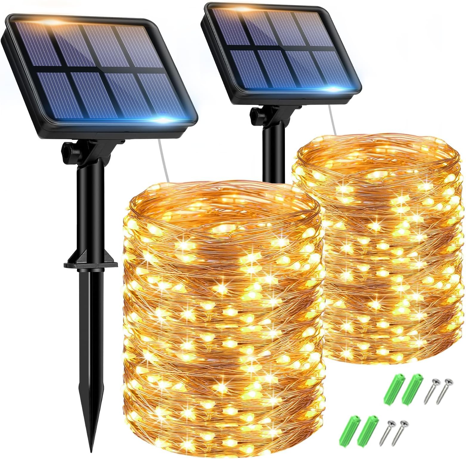 btfarm 2 Pack Solar String Lights Outdoor Garden Waterproof, 15M/50FT 150 LED Solar Powered Fairy Lights, 8 Modes Copper Wire Lights for Patio Yard Party Christmas Decorations, Warm White