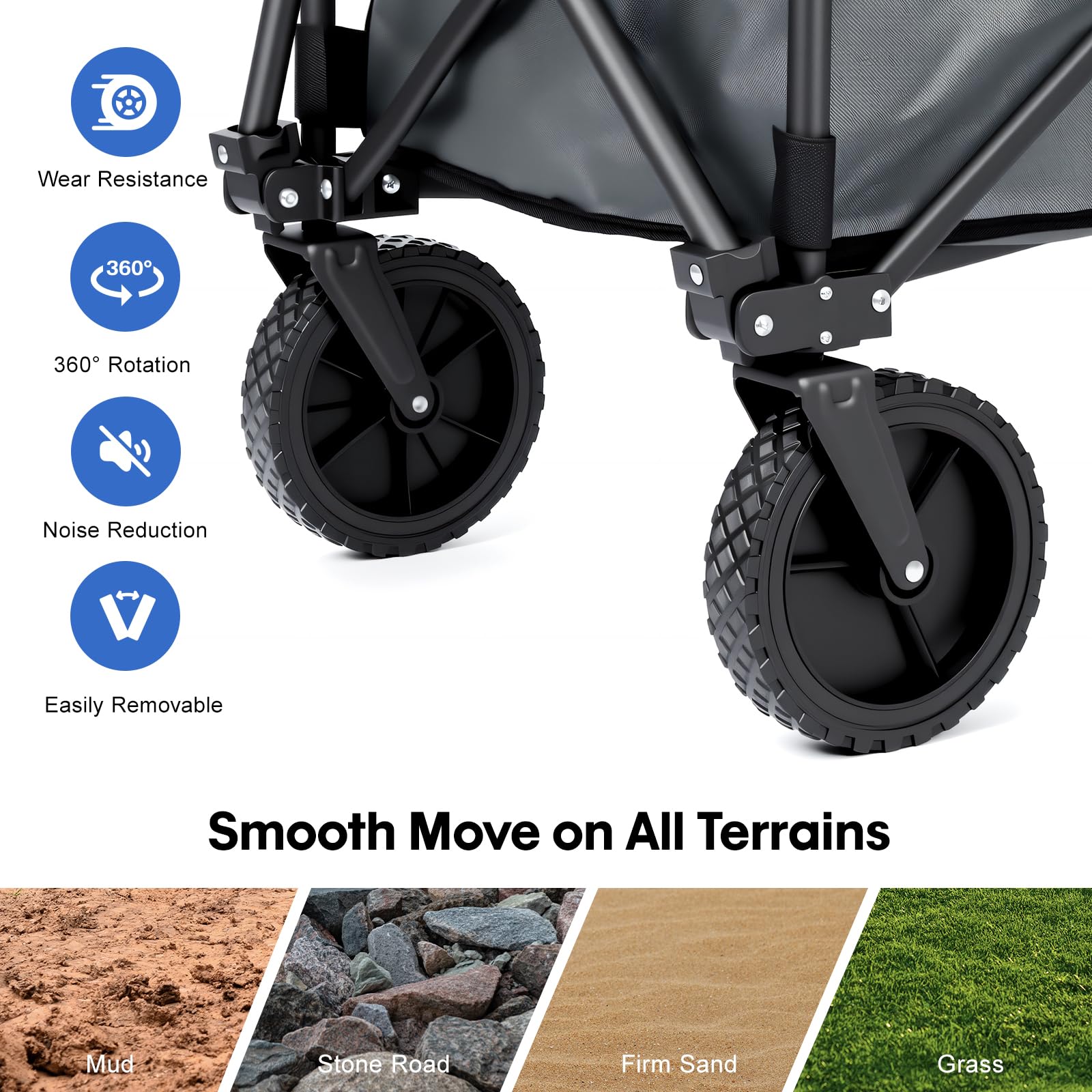 Folding Utility Wagon Cart with All-Terrain Wheels, Folding Trolley Cart Heavy-Duty Steel Frame, 150L Capacity, 150kg Load - Image 6