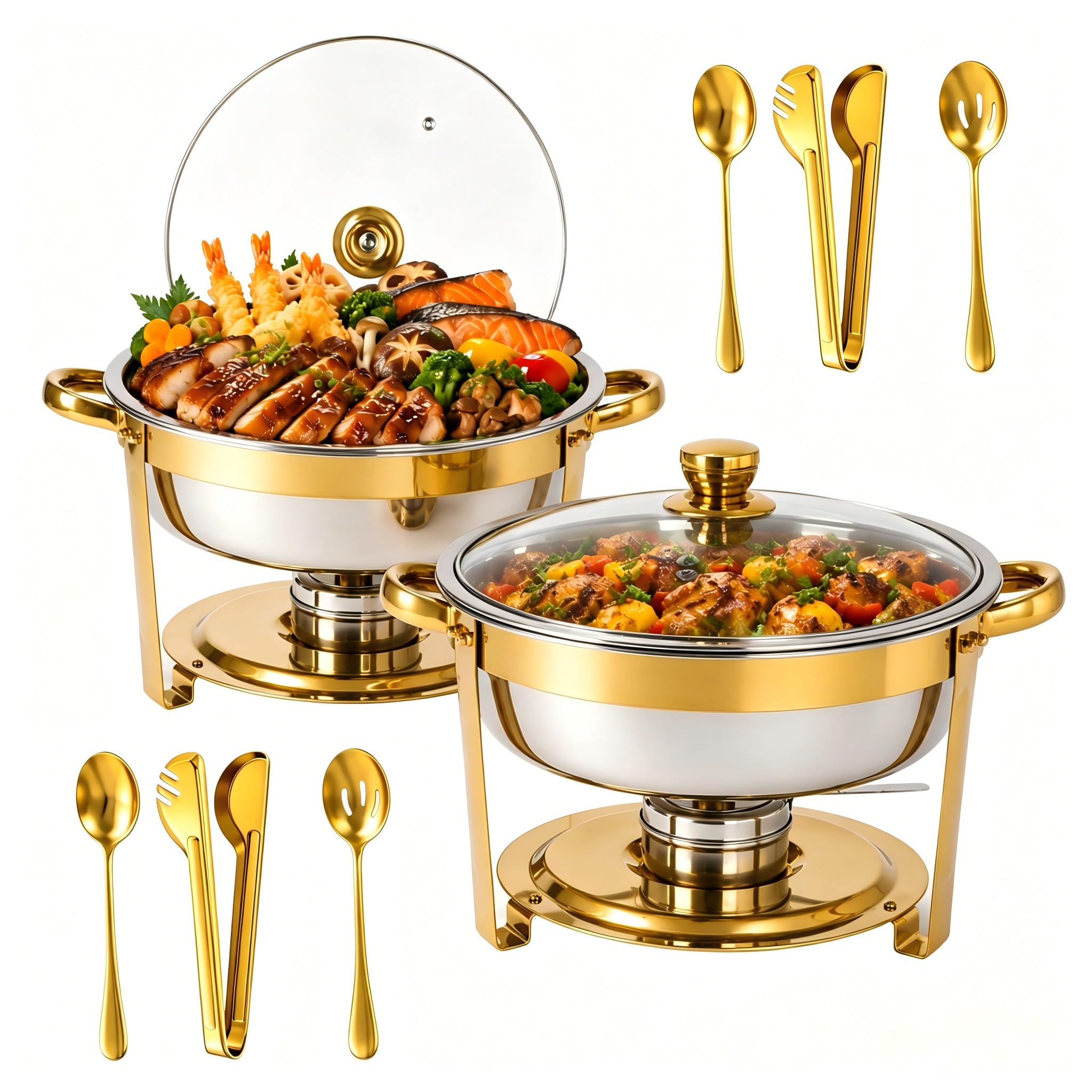 Set di 2 scaldavivande in acciaio inox dorato, 5 QT, rotondi, con coperchio trasparente e utensili, contenitore termico per feste ed eventi di catering
