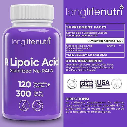 Miniatura 3 de LongLifeNutri Paquete de Benfotiamina 300 mg, 180 cápsulas + ácido R-alfa lipoico 300 mg, 120 cápsulas - Apoyo energético celular y nervio dual,