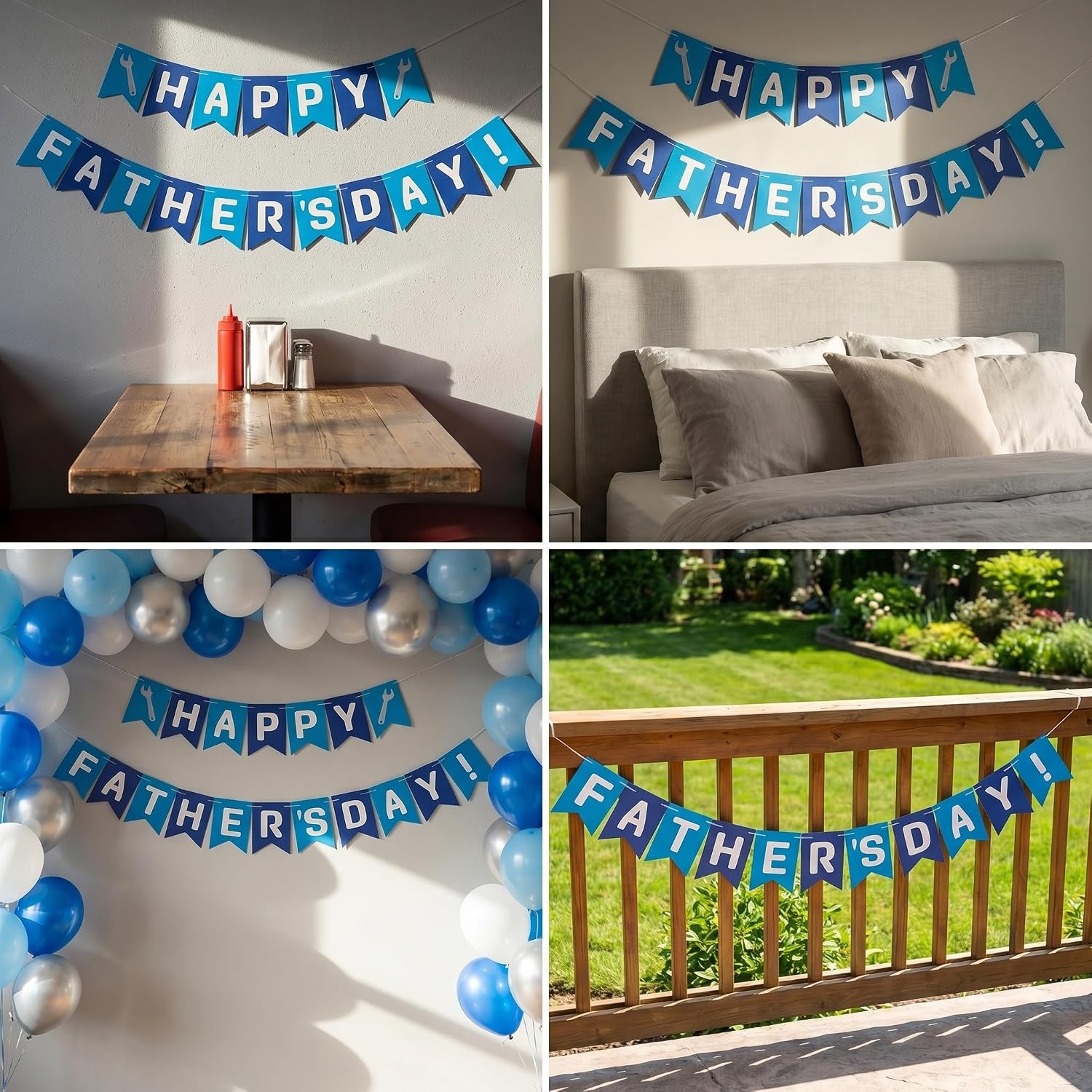 Happy Fathers Day Banner Decorations - Blue Fathers Day Decor Banner Sign with Wrench Design, DAD Garland for Dad Party Supplies Photo Backdrop Home Wall Mantle