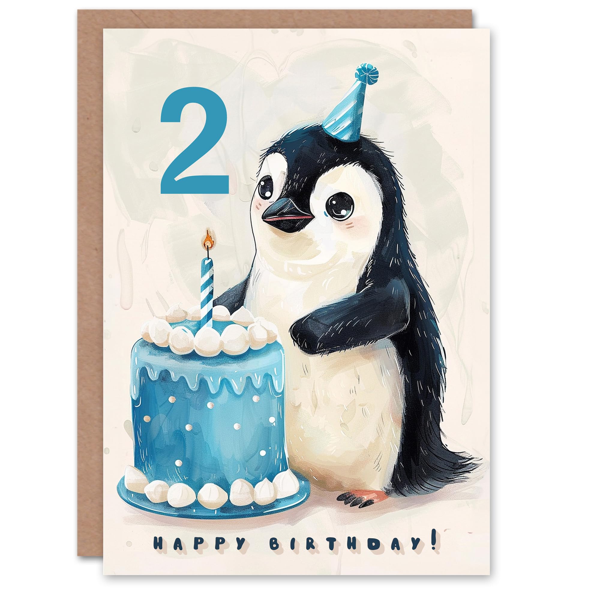 Artery8 2nd Birthday Card Cute Baby Penguin Cake Cartoon Kids Age 2 Year Old Child For Son Daughter Girl Boy Happy Card