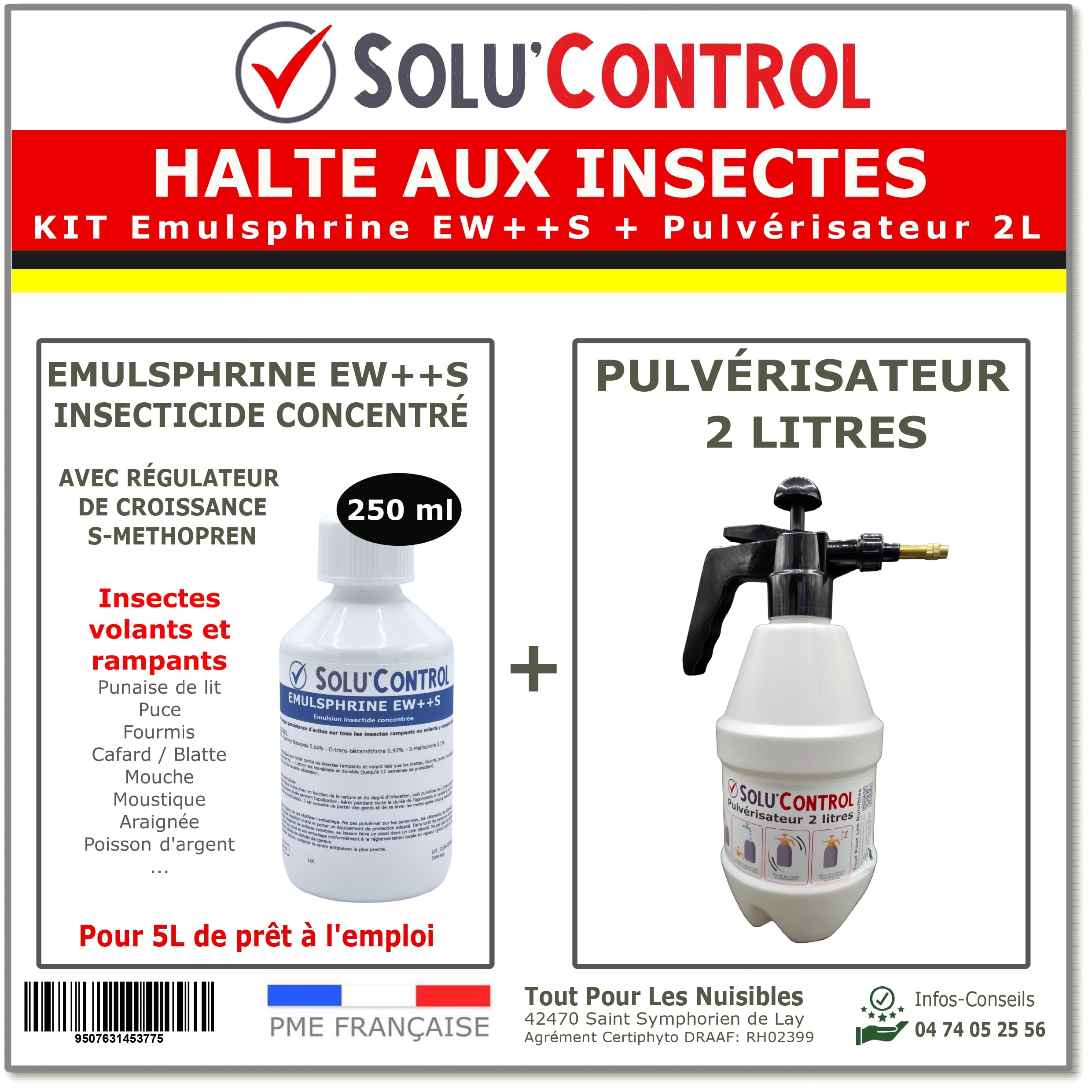 HALTE AUX INSECTES - Kit complet : Insecticide Concentré pour 5 LITRES - Volants et rampants - avec régulateur de croissance S-Methopren - EMULSPHRINE EW++S 250 ml + Pulvérisateur de 2L