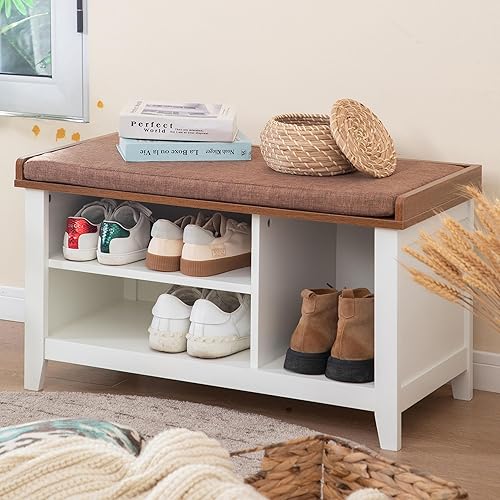 Miniatura 4 de MAISON ARTS Banco de zapatos, almacenamiento de zapatos de entrada con cojín de asiento acolchado, banco de almacenamiento de MDF de alta calidad
