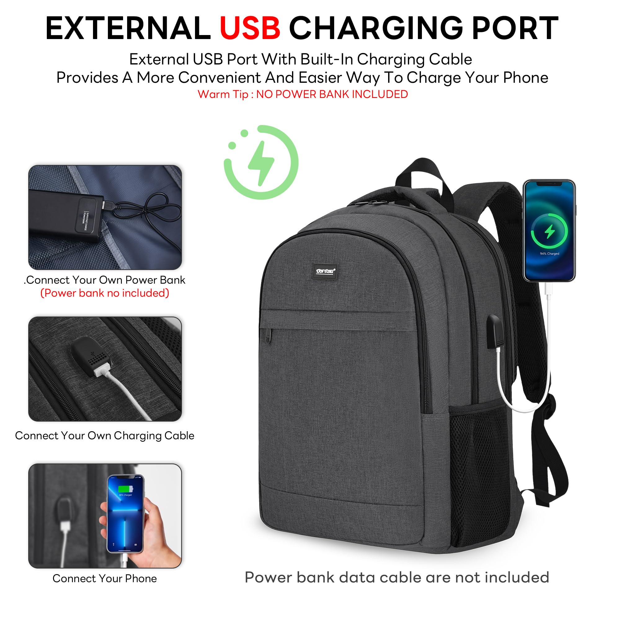 TANTOMI Grand sac à dos pour homme de 17,7 pouces avec port de charge USB, durable, antivol, résistant à l'eau, pour voyage, bureau, université, Noir , M, Classique