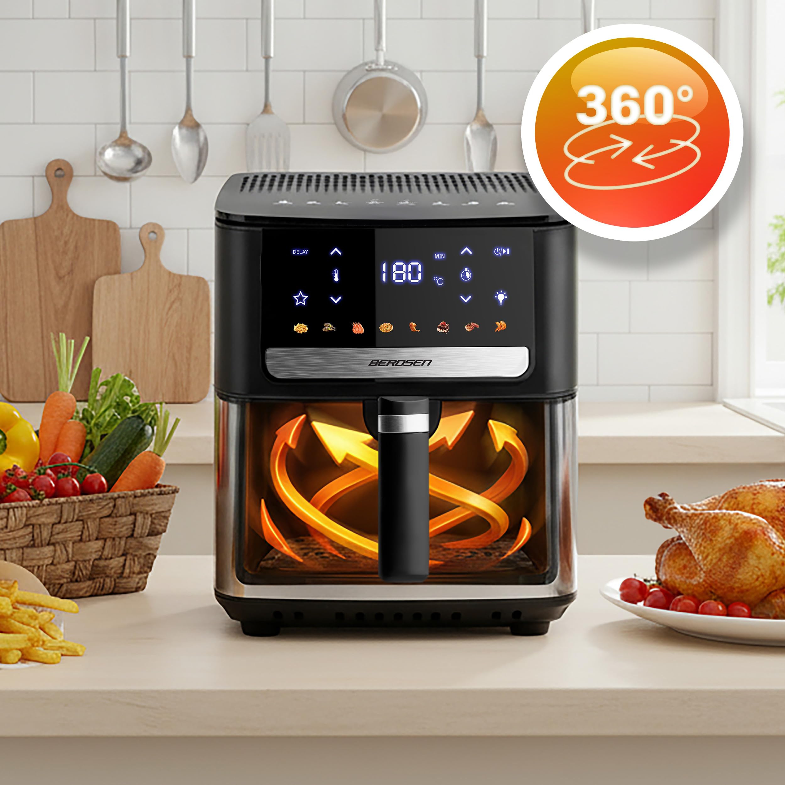 Berdsen Friggitrice ad aria calda XL, 6,5 l, con finestra e touchscreen, 1700 W, 8 programmi, lavabile in lavastoviglie