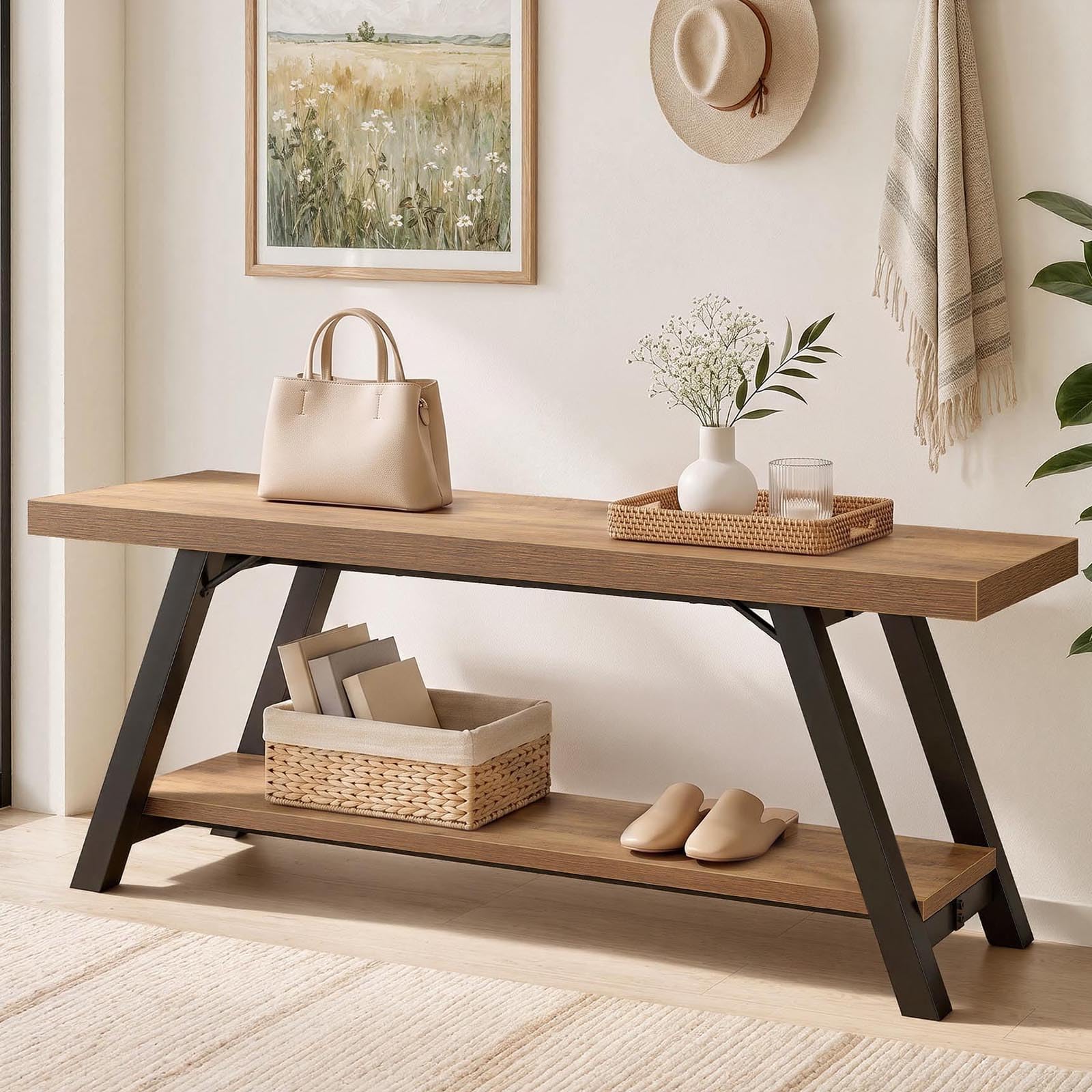 Entryway Storage Bench - Rustic Oak Wood & Metal