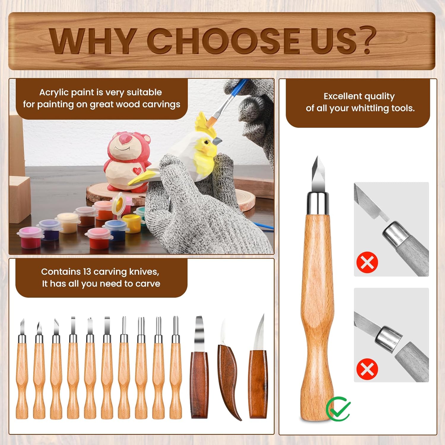 38 in-1 Wood Carving Kit, Wood Carving Tools with 13PCS Whittling Knife & Paint Set & Carpenter's Pencil & Basswood Blocks Etc, Wood Carving Kit for Beginners