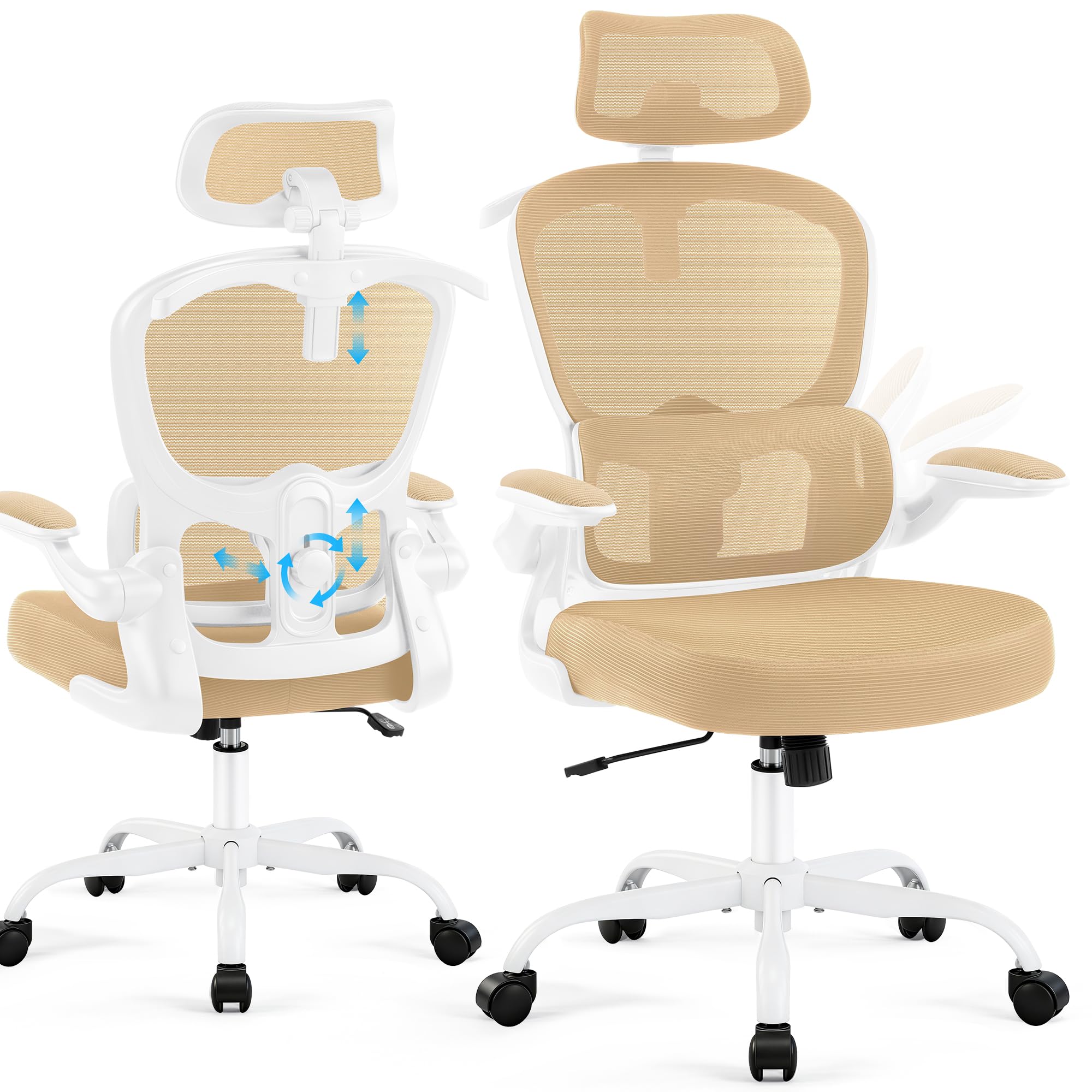 Ergonomischer Bürostuhl mit Kopf- & Lendenstütze, Khaki | belastbar bis 150 kg , Atmungsaktive Netzbespannung, höhenverstellbarer Drehstuhl mit Rollen, für Büro & Homeoffice