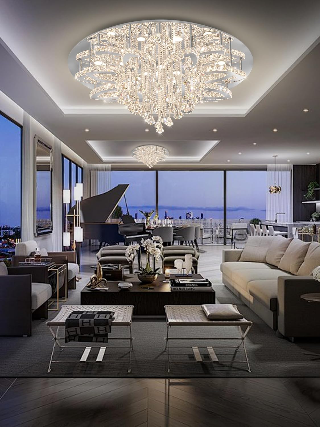 Flashing God W40 Modern Crystal Chandelier for Living Room Crystal Flush Mount LED Ceiling Light Fixture for Foyer Dining Room Hallway Dimmable 2700k 4500k 6000k