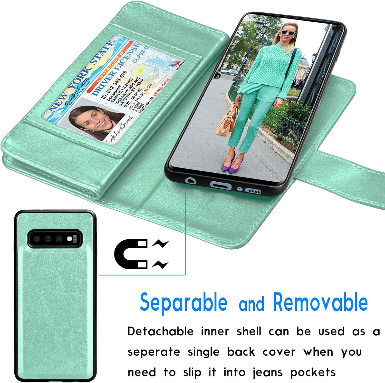 Tekcoo for Galaxy S10e Case/Galaxy S10e Wallet Case/PU Leather Case, Luxury Cash Credit Card Slots Holder Carrying Folio Flip Cover [Detachable Magnetic Case] Kickstand for Samsung S10e -Turquoise