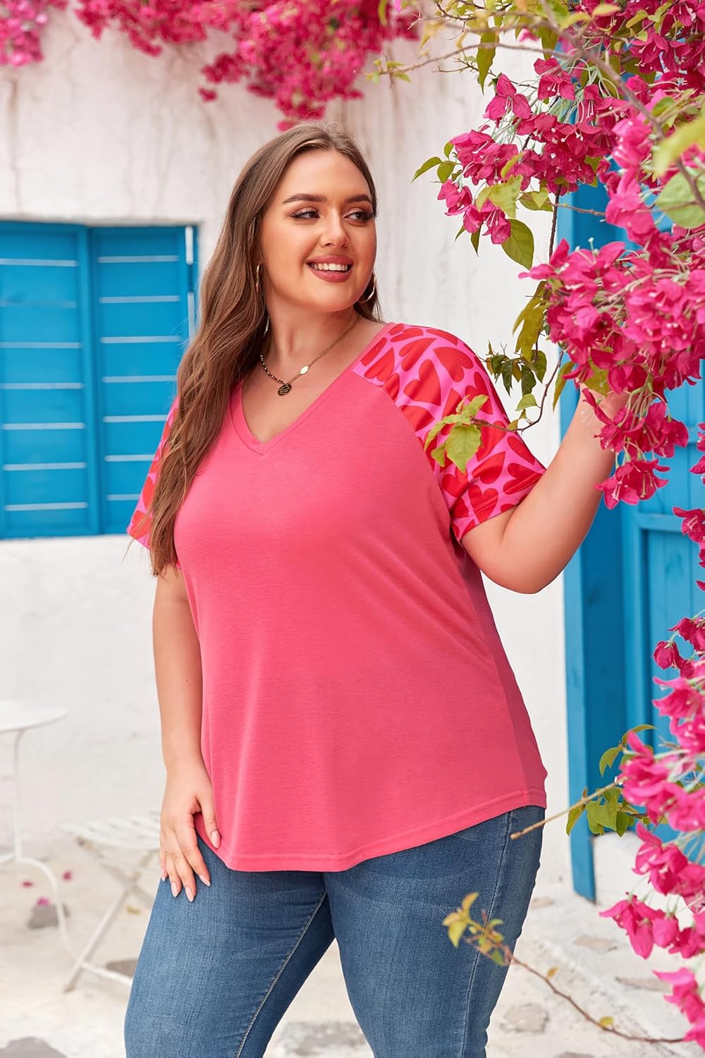 Plus Size Tops for Women Tunic Tops Plus Size Shirts Summer Short Sleeve Raglan V Neck Casual Patchwork Heart Print Tee Pink XX-Large - Image 5