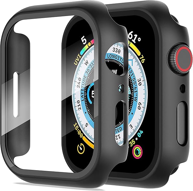 Diruite 2-Pack Screen Protector for Apple Watch Series 8/7/6/5/4/SE 2/SE Tempered Glass Case,All Around Hard Matte PC Protective for Apple Watch 45mm 44mm 41mm 40mm Cover