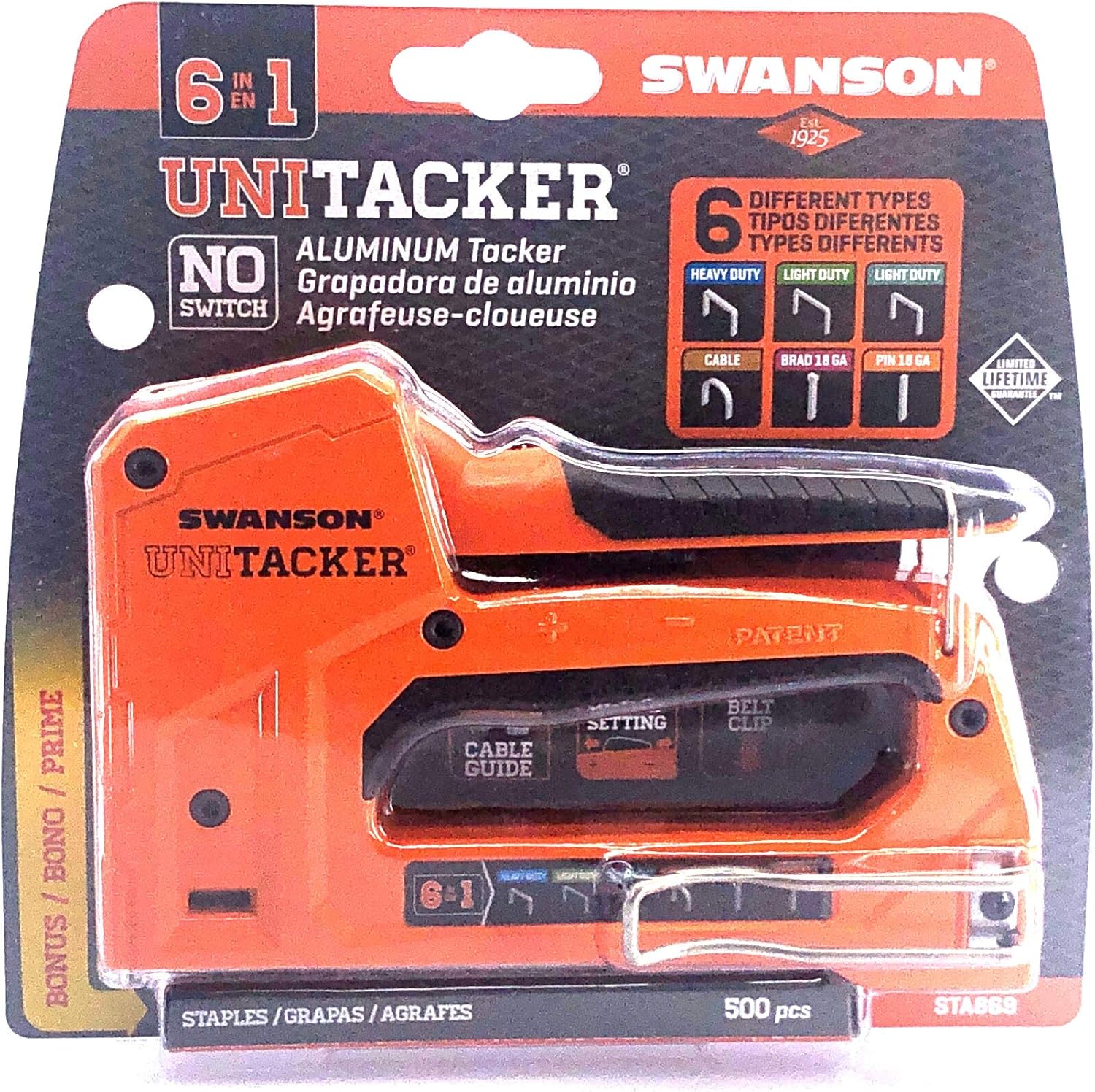 Swanson Tool Co STA869 PROMO Unitacker 6 in 1 Staple Gun/Hand Tacker; Fits Arrow Heavy Duty T50, Light Duty JT21 and T25 Staples; Brad Nails and Headless Pins; Ships with 3,000 Assorted Staples - - 