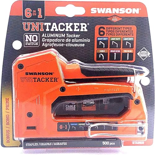 Vista 3 de Swanson Tool Co STA869 Unitacker 6 en 1 pistola grapadora manual; se adapta a las grapas Arrow Heavy Duty T50, ligeras JT21 y T25; también clavos