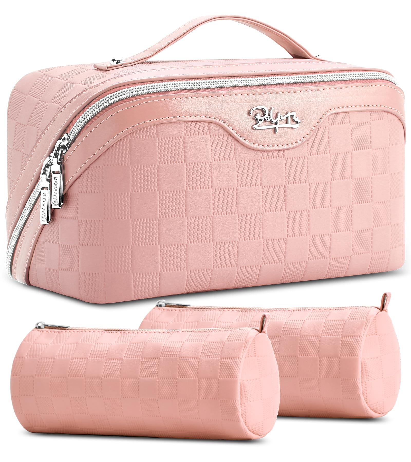 BOYATU Travel Makeup Bags for Women Sweet Pink Checkered Large Capacity Cosmetic Bag - You Deserve a Little