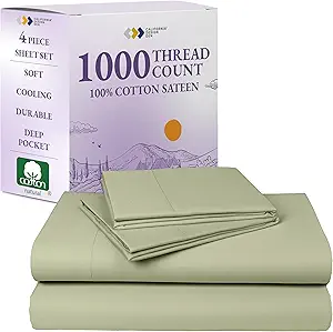 California Design Den Thick and Natural 100% Cotton Bedsheets Queen Size Bed Set - Luxury 1000 Thread Count Sheets, Soft Sateen, Deep Pockets, Breathable and Durable Bedding Set - Sage Green