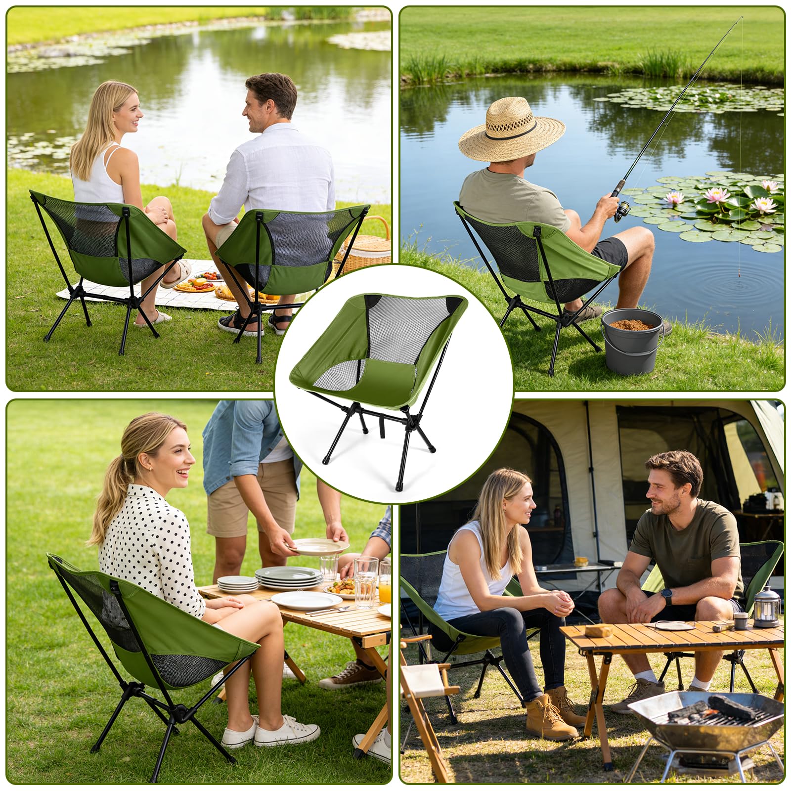 Sedia da Campeggio Pieghevole, Portatile Sedia Pieghevole Ultraleggera con Borsa da Trasporto, Sedie Campeggio per Esterni, Giardino, Spiaggia, Pesca, Picnic, Viaggio, Escursioni (Verde militare)