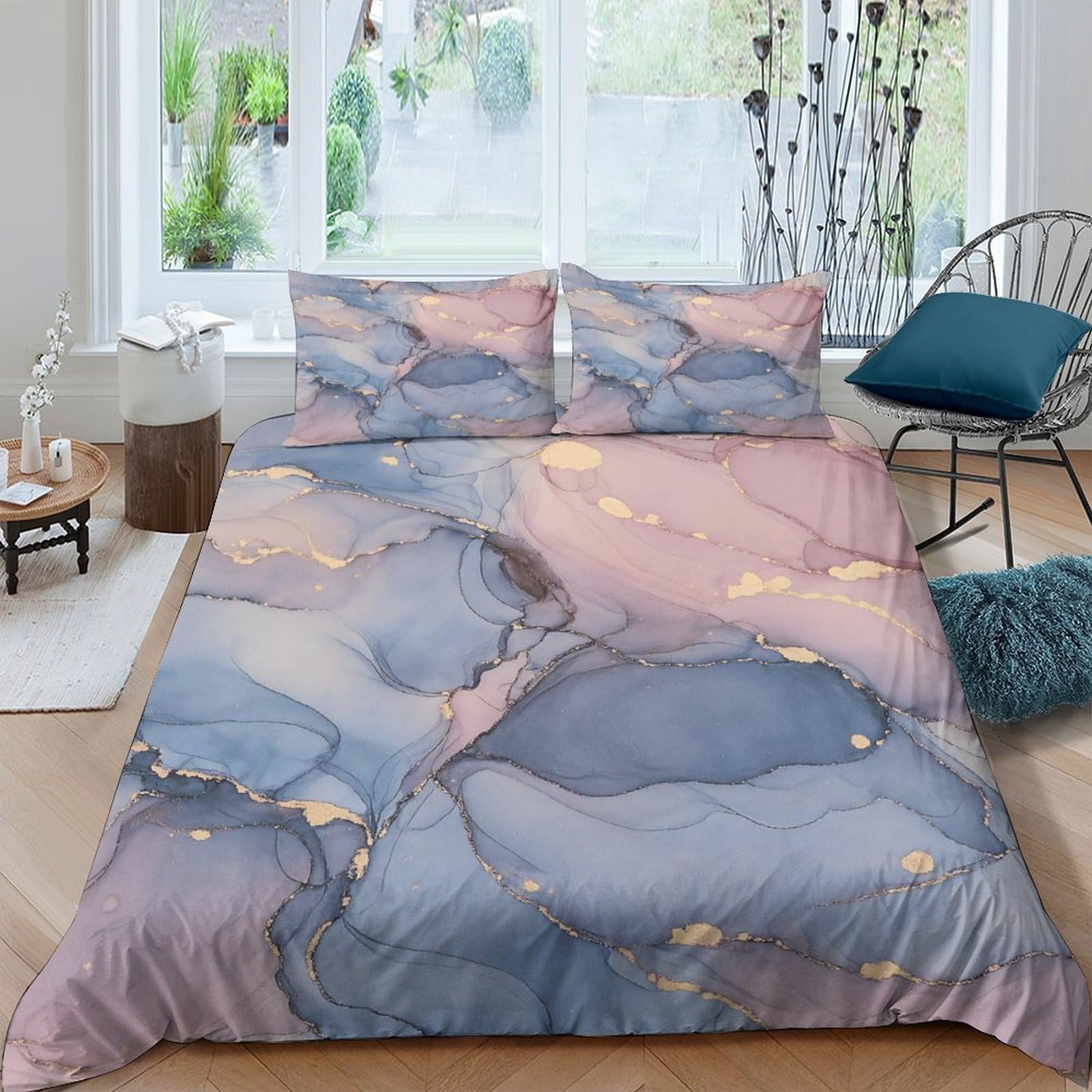 Ctjqhvkz Style-5 3D Printed Watercolor Marble Fitted Sheet Microfiber Soft Blue Pink Gold Abstract Bed Cover For Bedroom Dorm Mattress Protection Single（135X200cm）