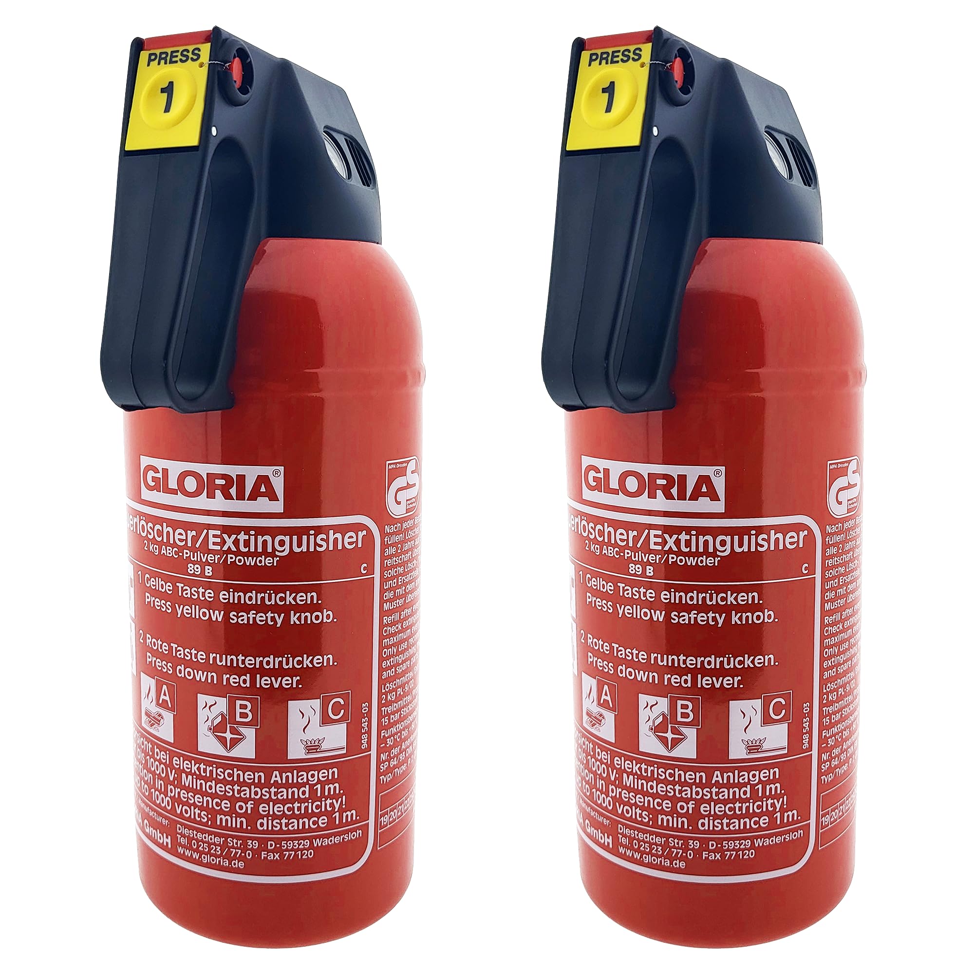 MBS FIRE Gloria P2GM Lot de 2 extincteurs à poudre pour voiture Classe de feu ABC avec support et plaque 2 kg