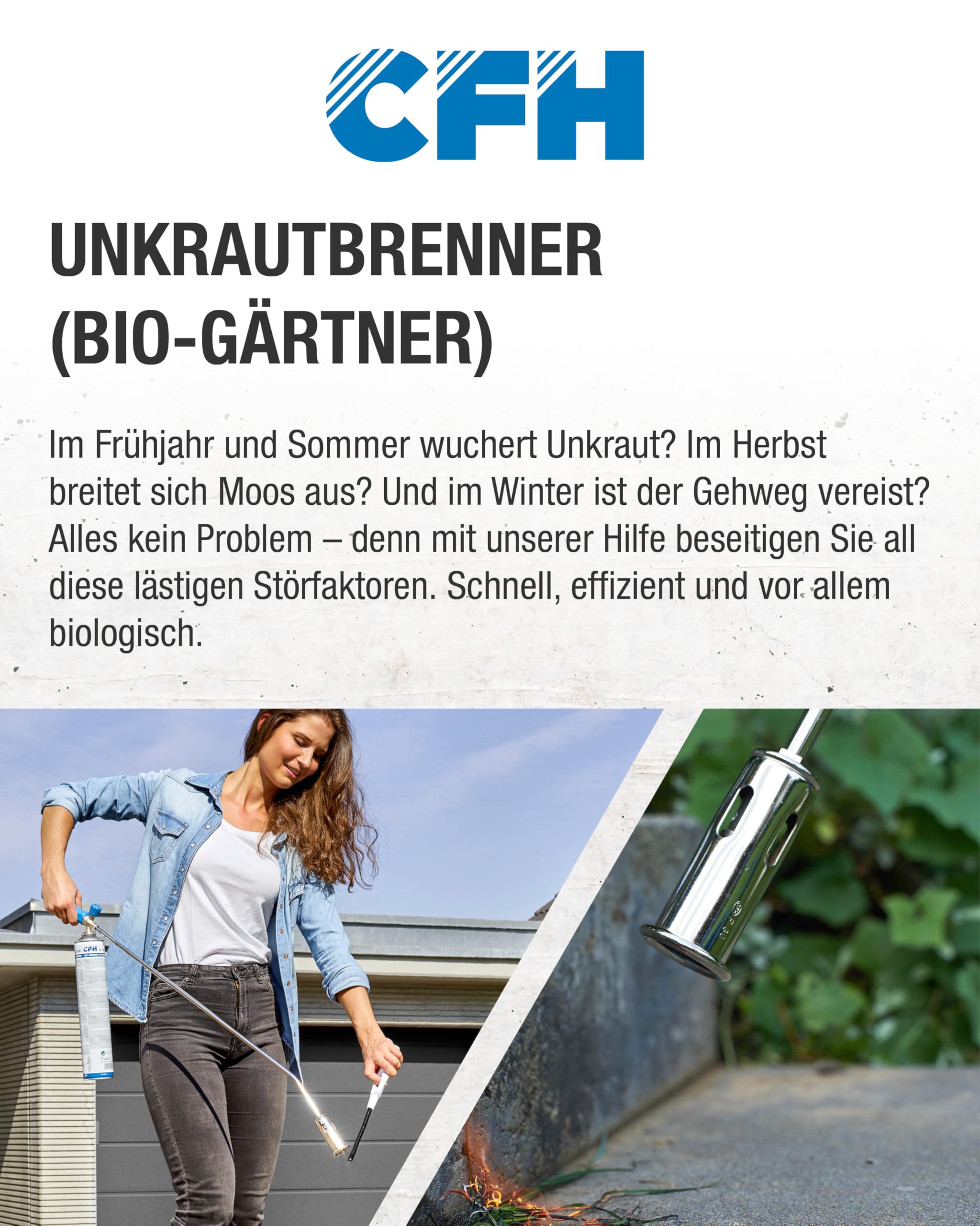 CFH Bio-Gärtner CW 3300 Abflammgerät inkl. Gasdose 600 ml und Breitbrenner - Unkrautverbrenner Gas Anwendung, 2,87 kW bei mehr als 1.100 °C Flammentemperatur, Auch als Grillanzünder geeignet
