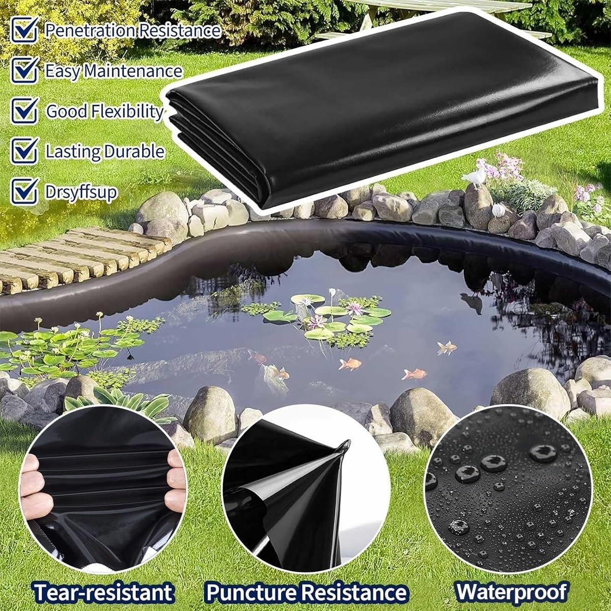 Rivestimento per stagno resistente per piscine Koi, rivestimento in gomma impermeabile per fontane e stagni, rivestimento da giardino a prova di umidità (dimensioni: da 3 x 1 m a 10 x 6 m)