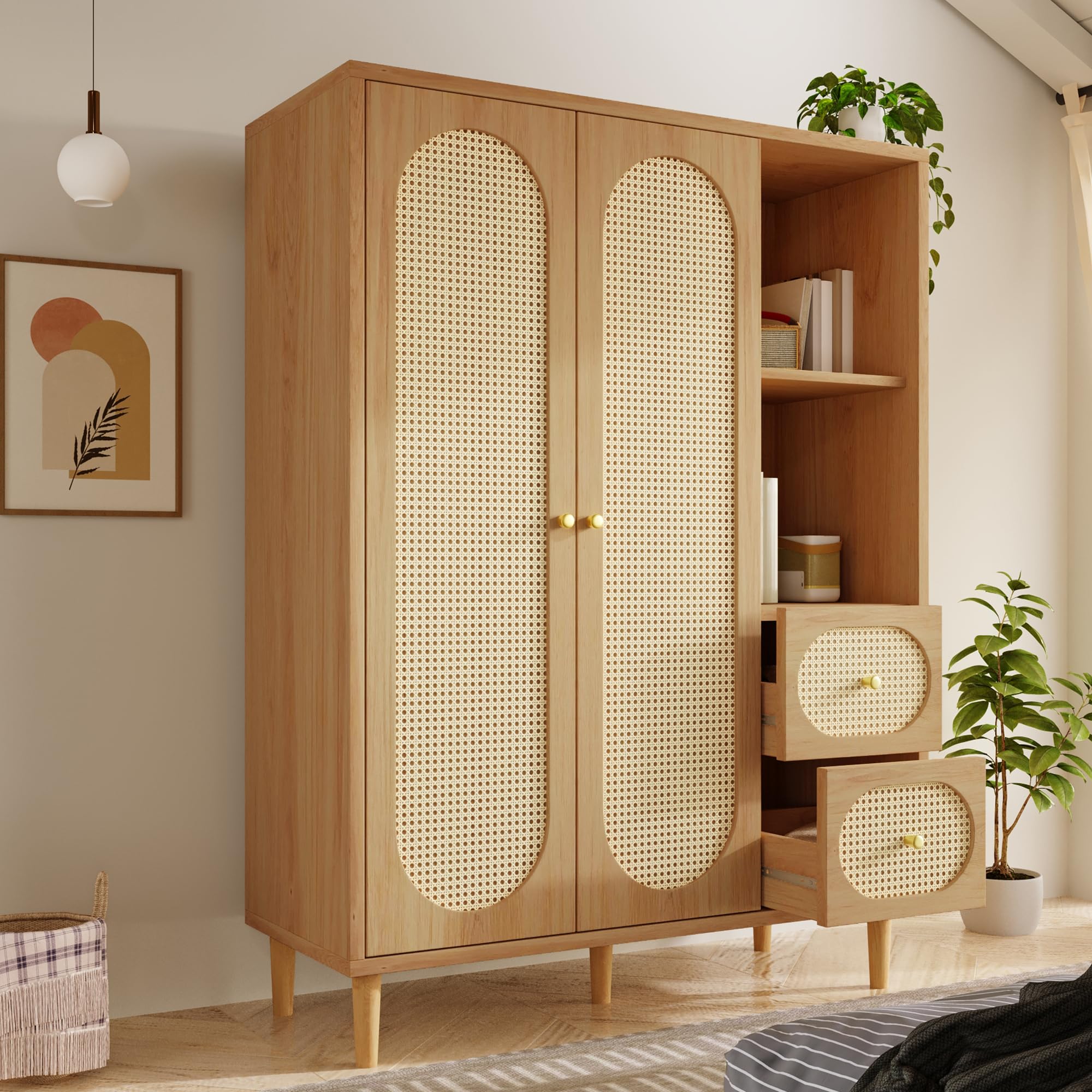 Zepneiy Armoire Chambre Adulte/Enfant en Chêne, Armoire de Rangement avec Penderie, Armoire en Rotin à 2 Portes avec 2 Tiroirs et étagères Ouvertes, Bois 161 x 120 x 44 cm