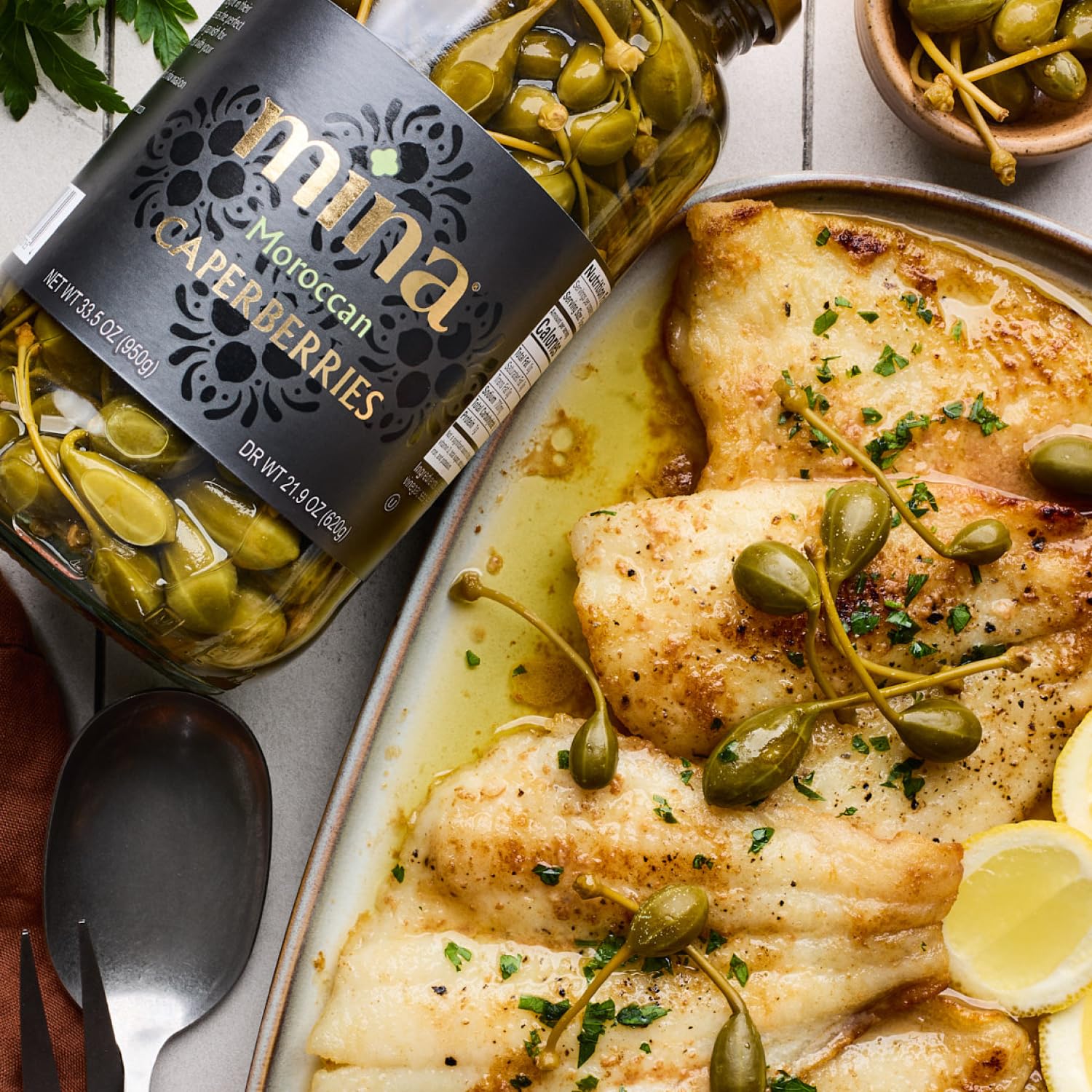 Mina Caperberries 33.5 oz, Premium Caper Berries with Stems, Perfect Mediterranean Seasoning or Garnish, Made with Caperberries, Vinegar, Water, and Sea Salt, Non-GMO, Vegan, Gluten-Free, Keto, Paleo