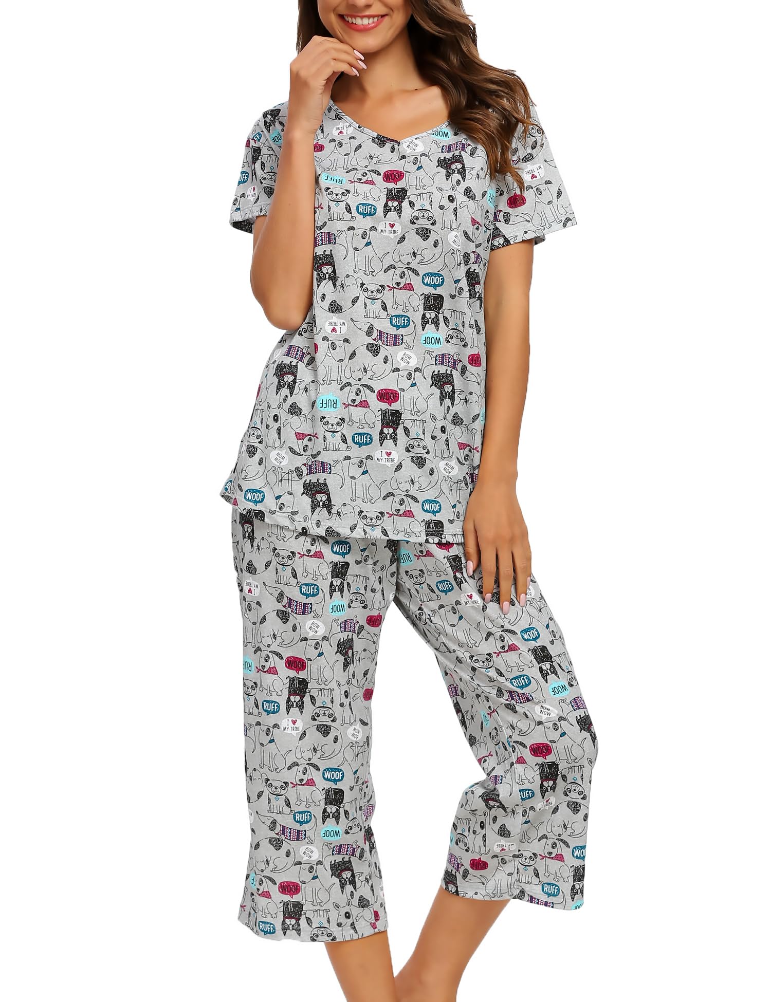 ENJOYNIGHT Ensemble pyjama court pour femme, en coton, haut à manches courtes et pantalon 3/4, tenue d'intérieur, vêtements de nuit, pour l'été