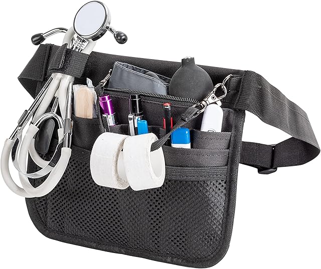 Damero Nurse Fanny Pack with Stethoscope Holder and Multiple Compartments, Nurse Waist Bag Vet Pouch, Nursing Organizer Belt Medical Gear Hip Bag for Bandage Scissors and Other Supplies,Black