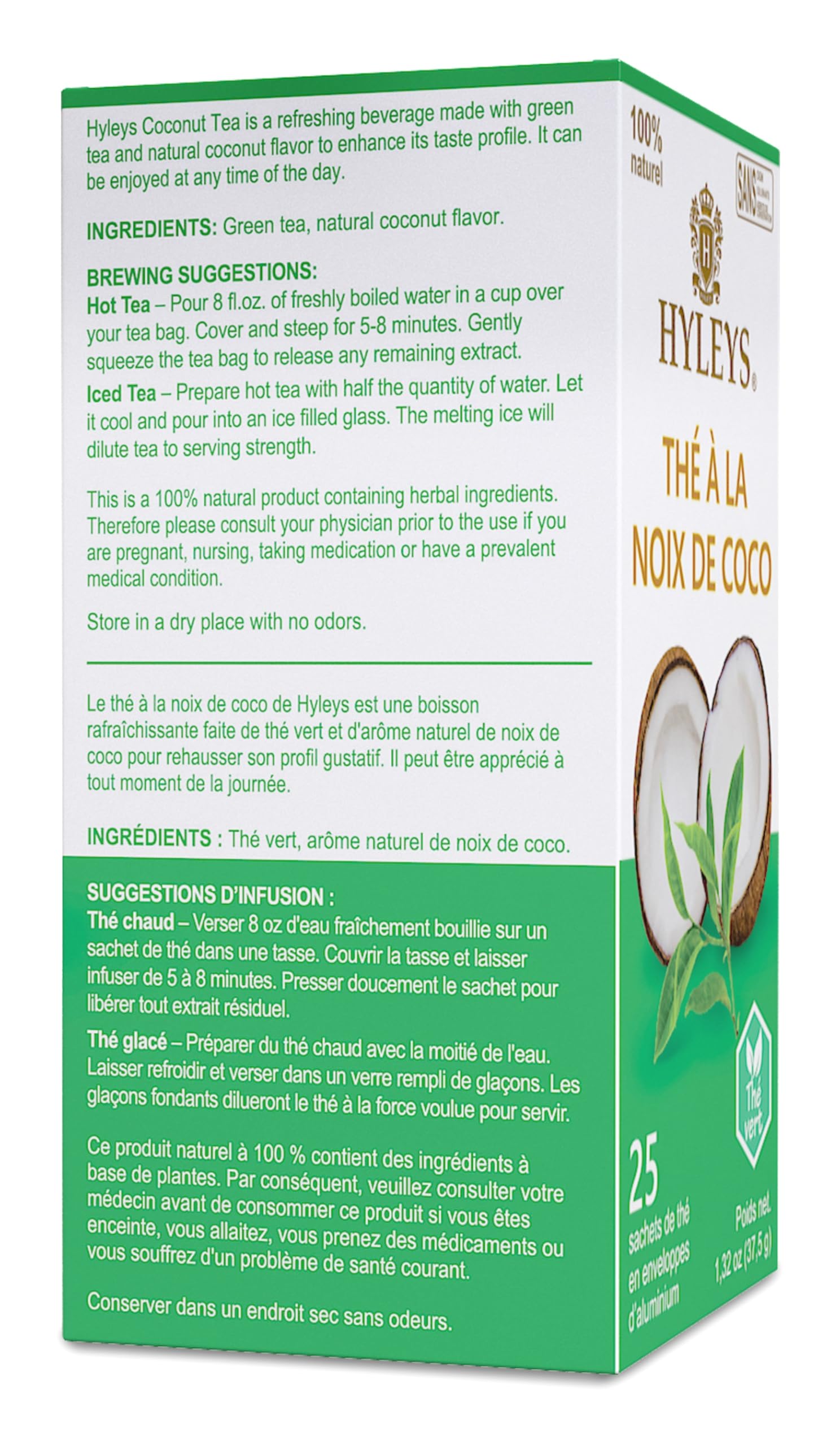 HYLEYS Natürliche Wellness-Kokosnuss mit grünem Tee, 25 Teebeutel (100 % natürlich, gentechnikfrei, glutenfrei, milchfrei, zuckerfrei), 12 Stück