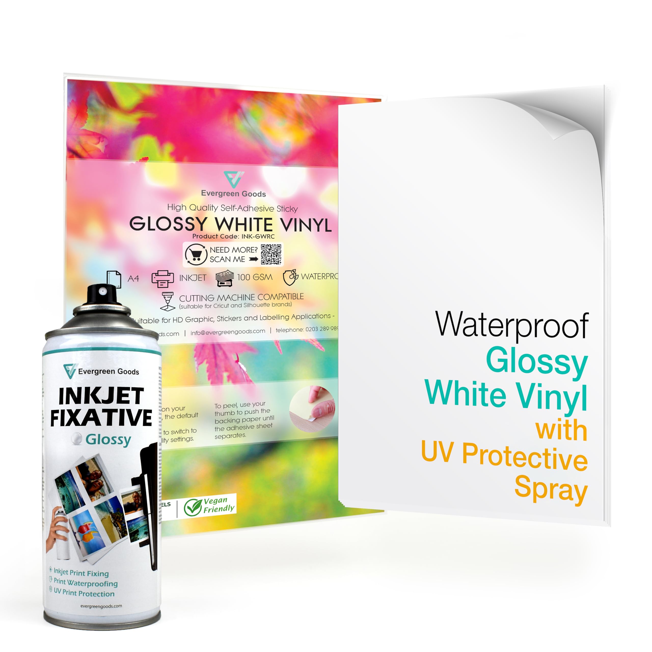 Evergreen Goods 20 Sheets A4 Waterproof Self-Adhesive Glossy White Vinyl Sticker Paper & Glossy Inkjet Fixative Spray | Inkjet & Laser Printable Sticker Paper | Print Fixative Spray for UV Protection