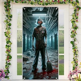 Halloween Scary Skeleton Janitor Door Cover 71x35 Inch Holiday Front Porch Door Banners Decoration Winter Haunted Hospital Scene for Sign Background Holiday Party Indoor Outdoor Decor