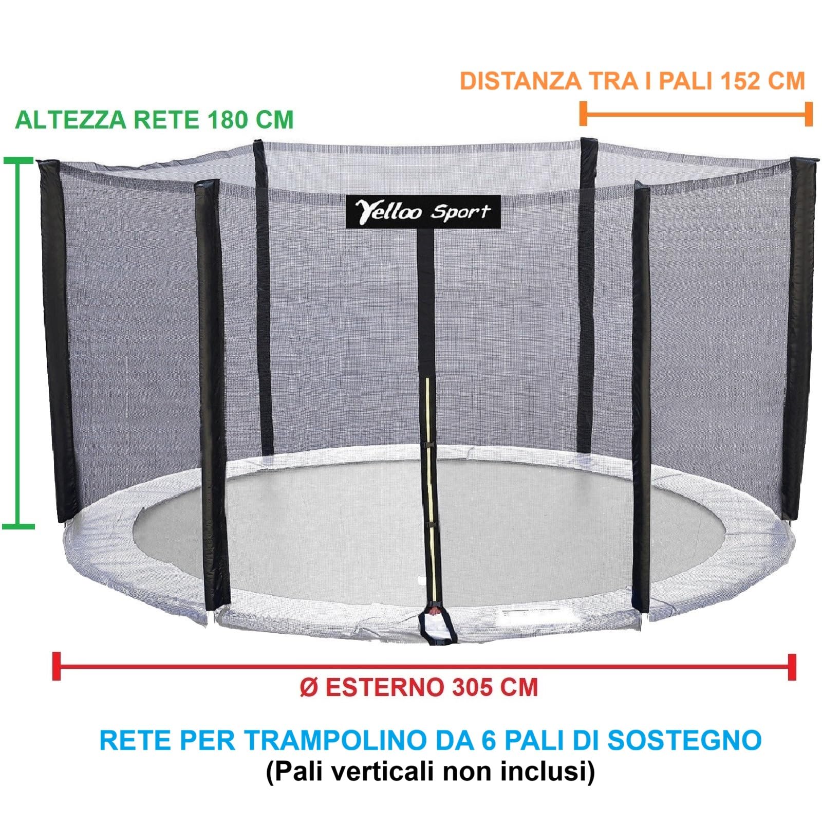 YELLOO - Rete Trampolino Elastico di Sicurezza (Diametro: 185, 245, 305, 366, 427) Rete Sostitutiva Ricambi Trampolino Elastico con Certificato CE TUV GS, Segui le Istruzioni Facili e Prendi le Misure