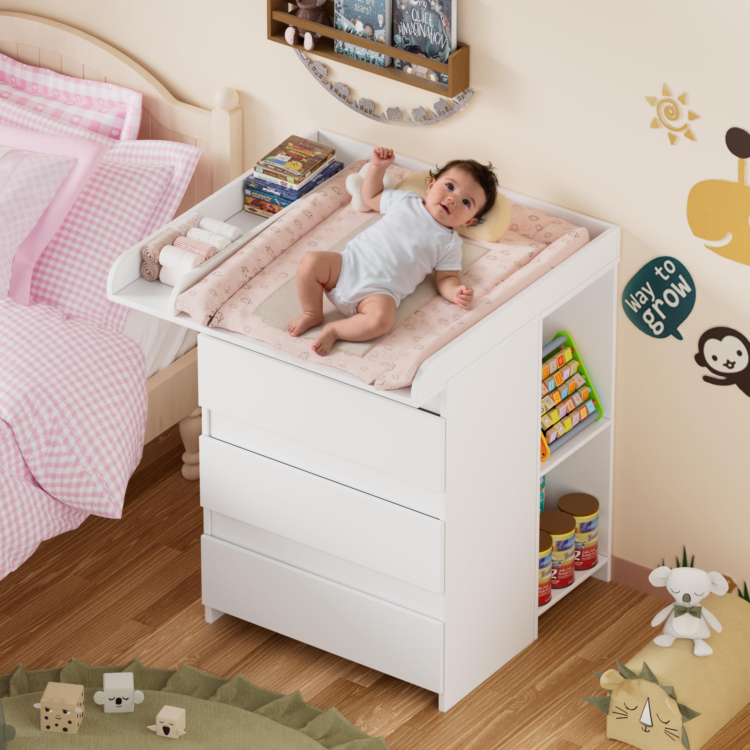 2-in-1 Wickelkommode mit abnehmbarem Wickelaufsatz,Baby Wickeltisch Weiß, Kommode mit 3 Schubladen & 6 Seitlichen Regalen, Viel Stauraum für Babyzimmer,73x70x85.8.6cm,Weiß