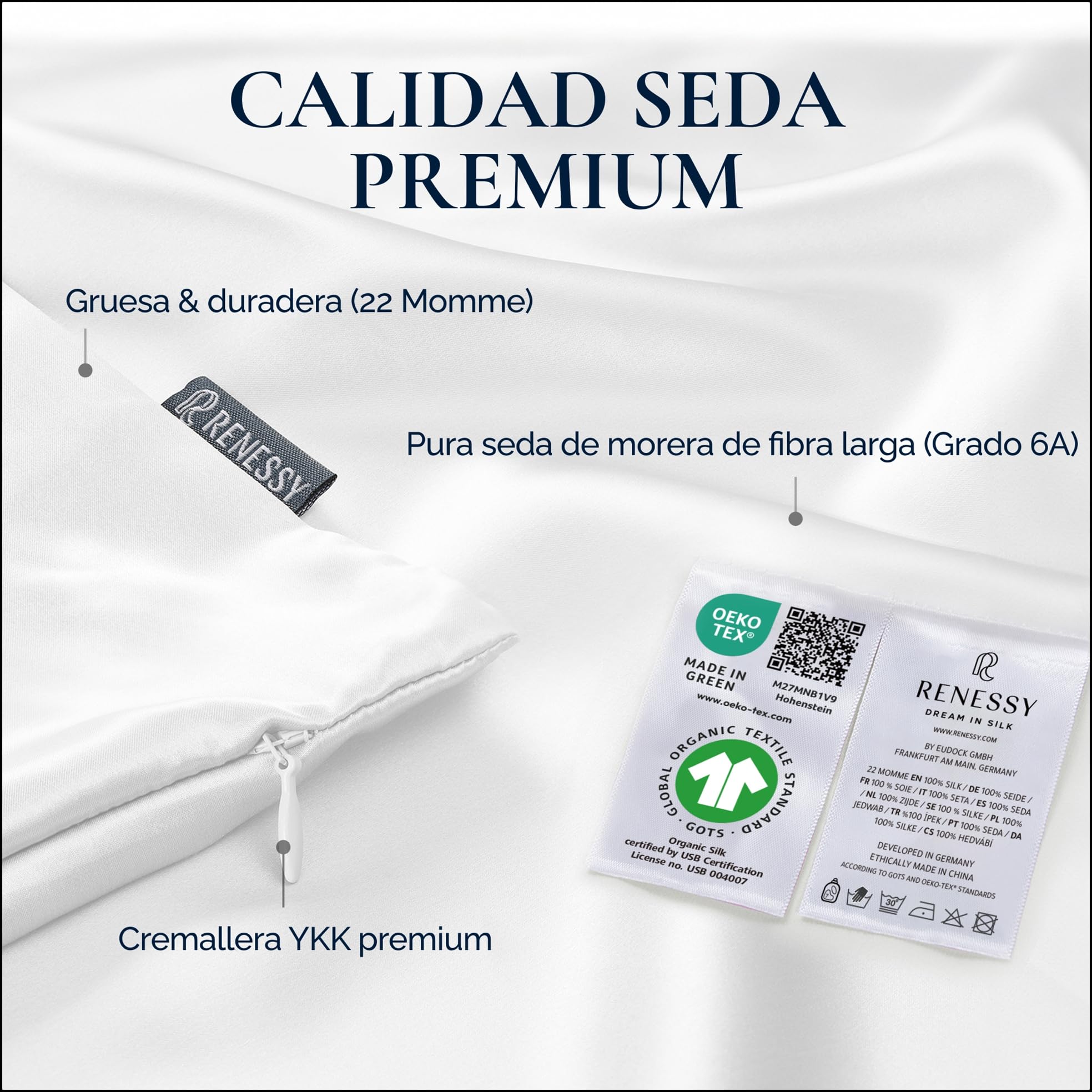 Funda de Almohada de Seda 100% Orgánica 50x90 cm - 22 Momme Seda de Morera, Grado 6A, certificada por Oeko-Tex en Alemania - Lujo para el Cabello y la Piel, 1 Unidad (Seda Natural Marfil)