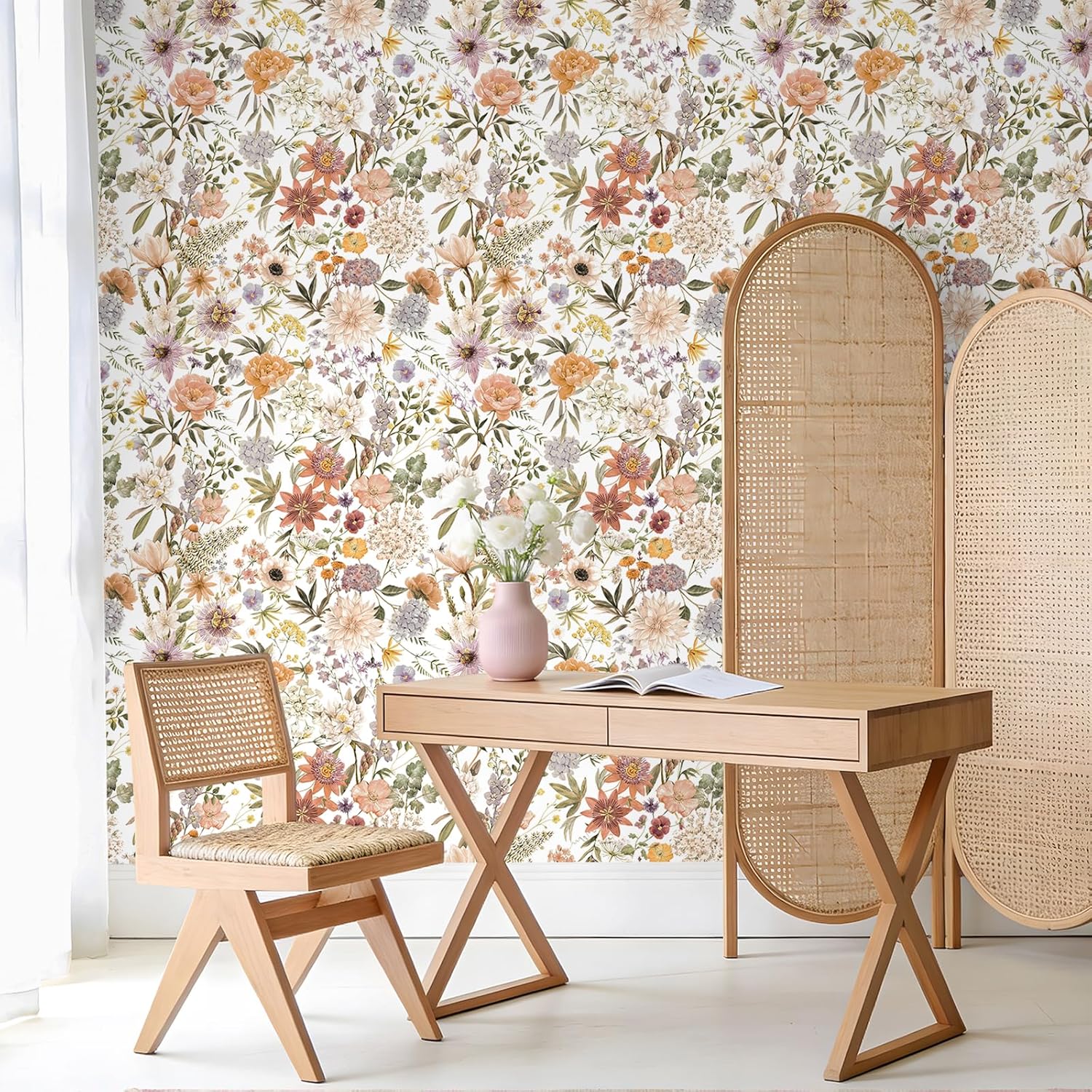 VEELIKE Peach Pink Floral Peel and Stick Wallpaper Boho Chic Flower Wallpaper for Bedroom Girls Room 17.7''x354'' Removable Self Adhesive Floral Wall Paper for Bathroom Nursery Living Room Accent Wall