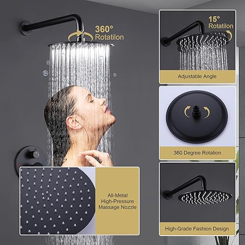 Miniatura 10 de Sistema de ducha de 10 pulgadas, juego de grifo de ducha dorado cepillado de latón de montaje en pared, cabezal de ducha de lluvia de alta presión