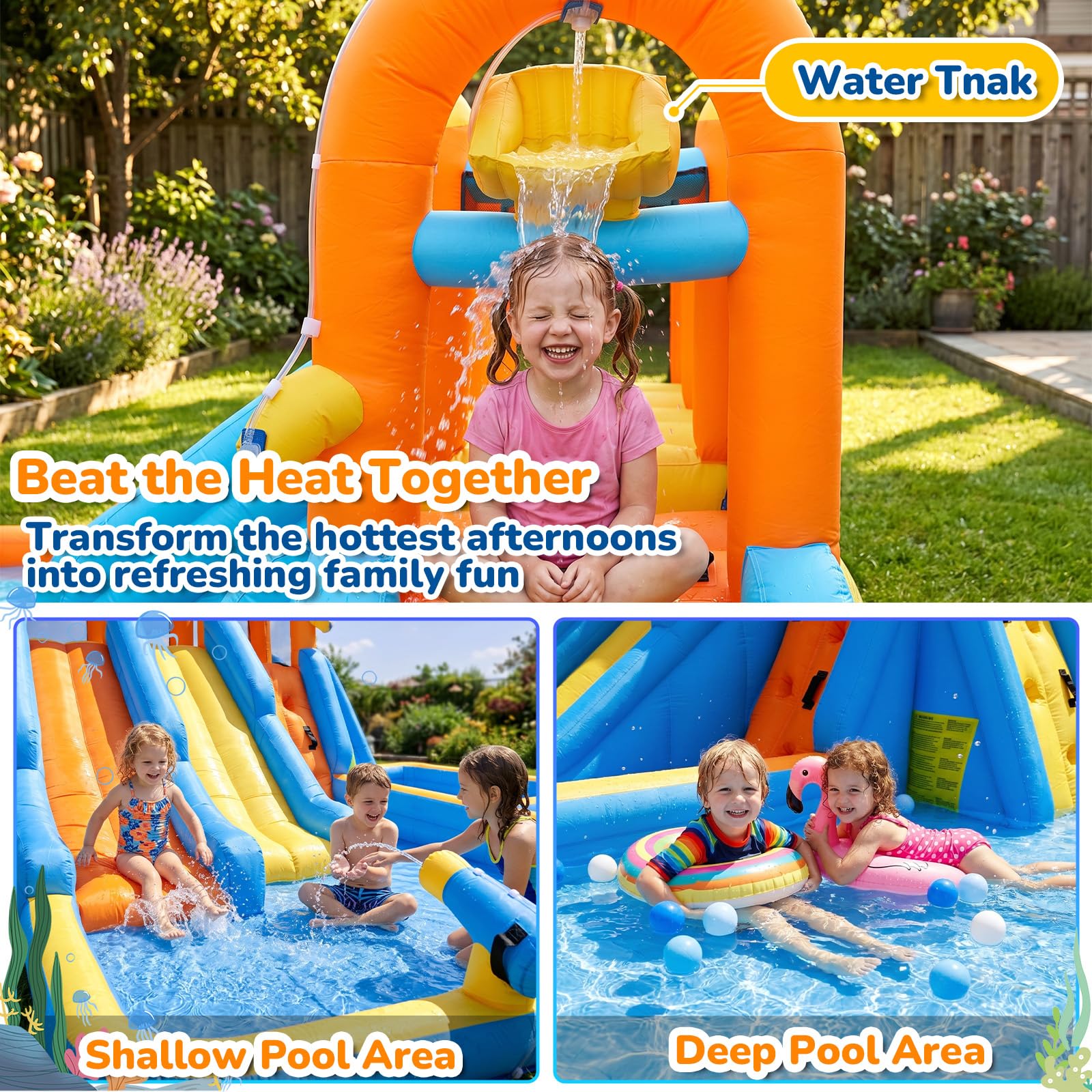 FOOING Castello Gonfiabile con 2 Scivoli Acquatici, Parete Arrampicata, Canestro Basket, Giochi da Giardino per Bambini, Piscina Esterna con Rete di Sicurezza per Feste All'aperto