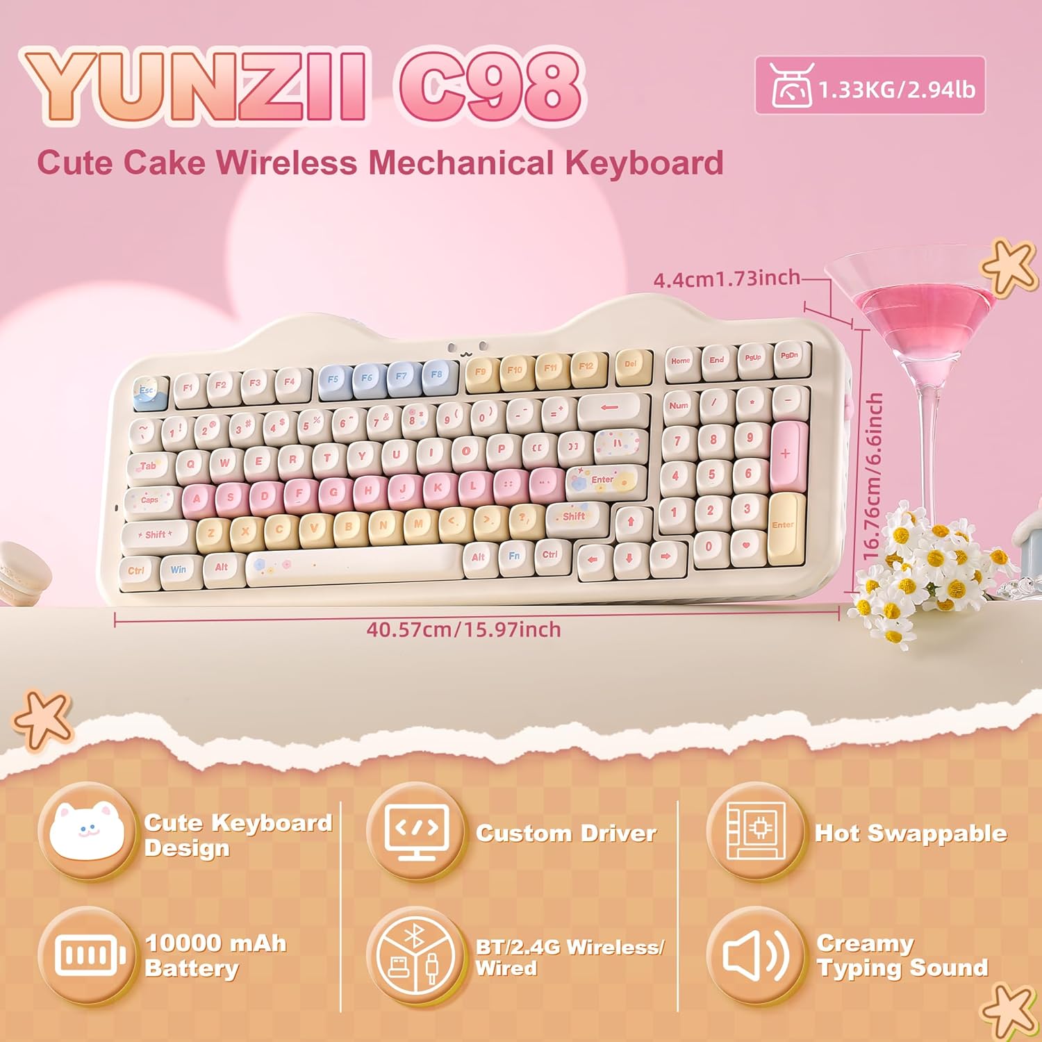 YUNZII C98 Wireless Mechanical Keyboard with Number Pad,99 Key BT5.0/2.4G/USB-C Hot Swap Gasket Mount with PBT MOA Keycaps,Custom RGB,Cute Cake Keyboard for Win/Mac (Beige, Candy Linear Switch) 3 81IT2dY689L. AC SL1500